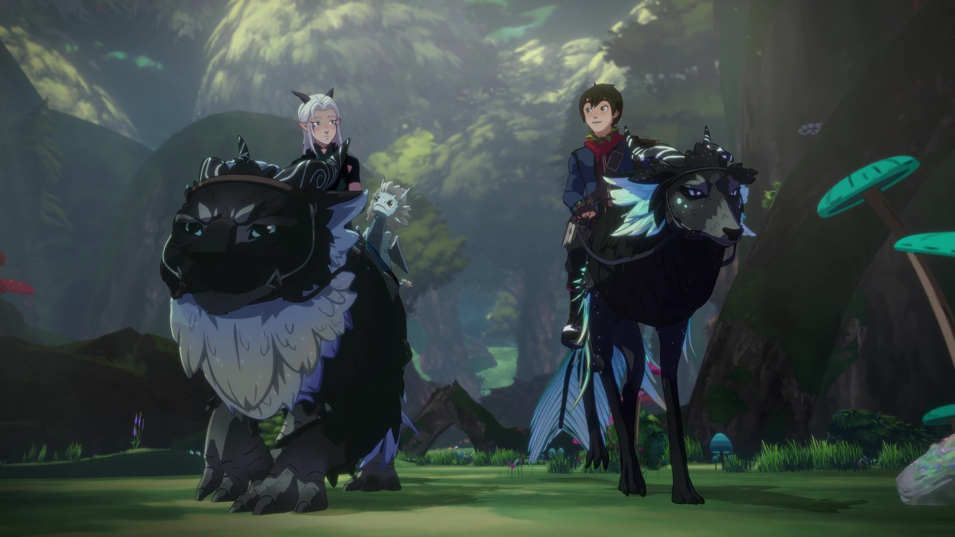 Callum and Rayla ride through a sunny Xadian forest on a moon-wolf and a moon-lion.