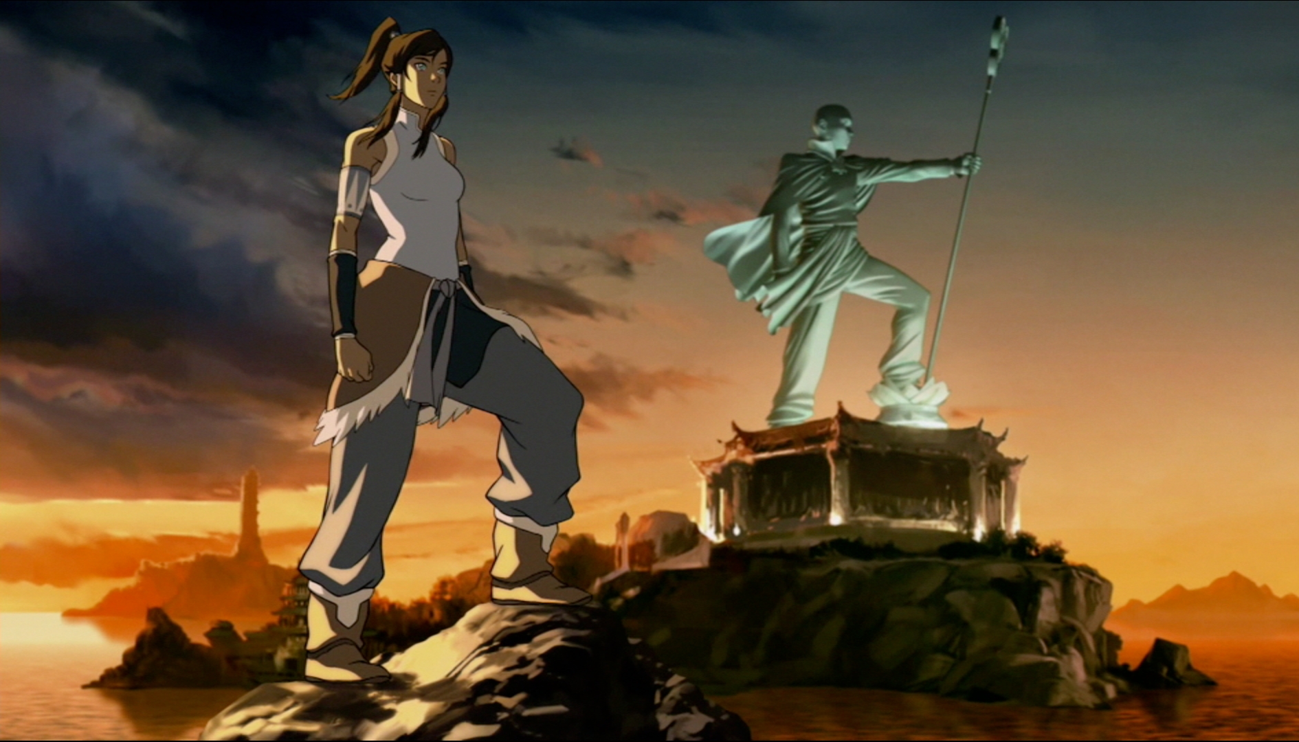 Korra pictured with Aang's statue in the background 
