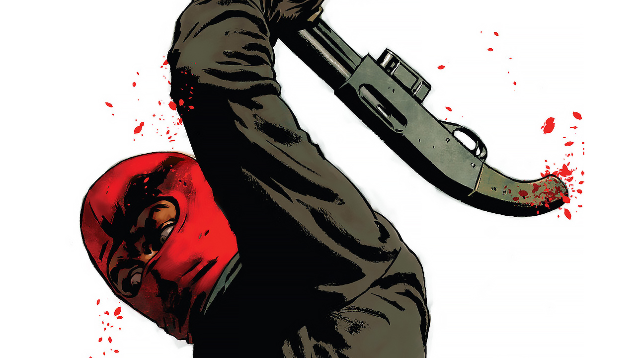 Kill or Be Killed comic book panel of man in a red mask swinging a bloody shotgun by the end of the barrel downward.