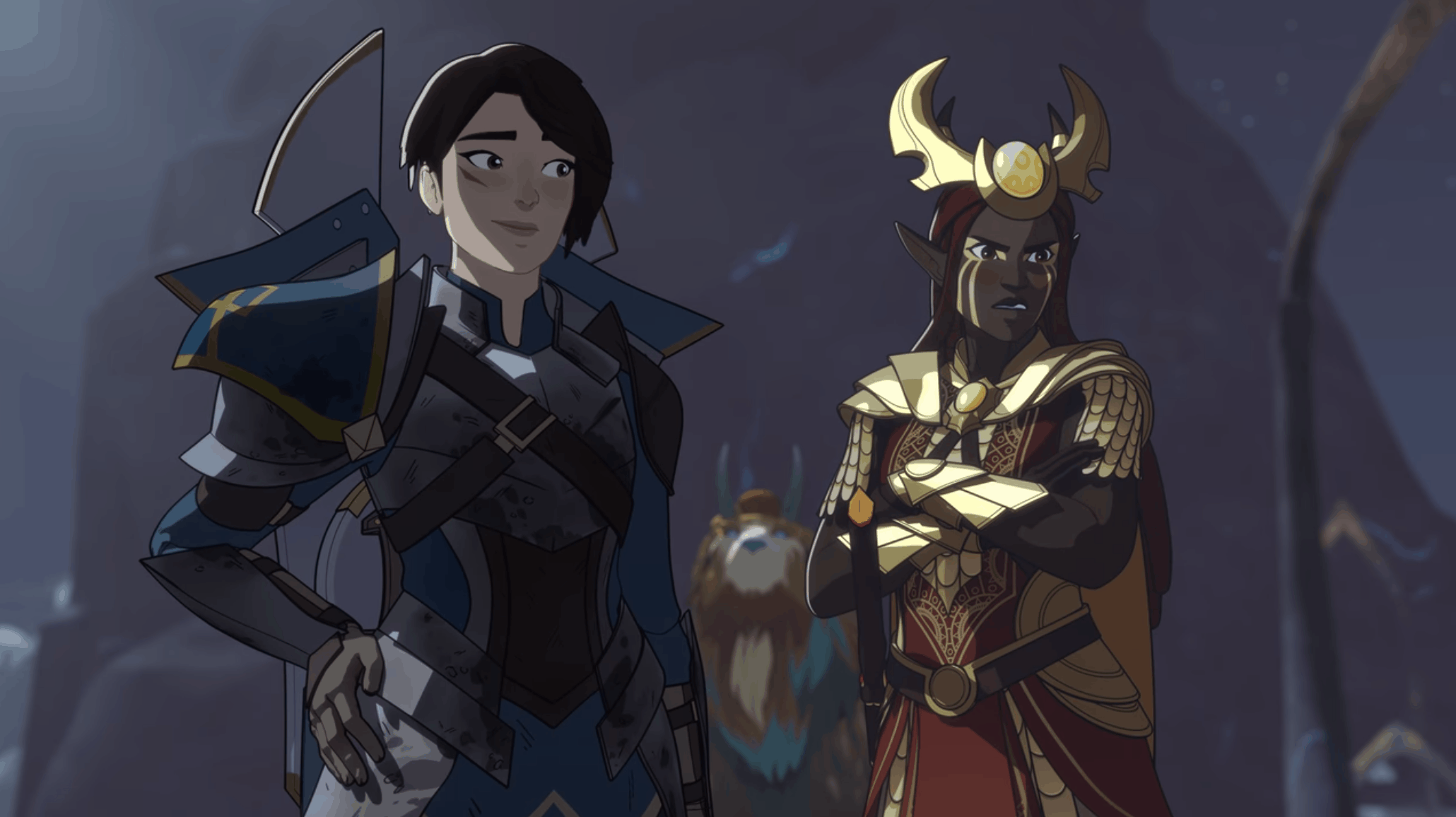 General Amaya and Sunfire elf Janai stand together in the dragon queen's lair.
