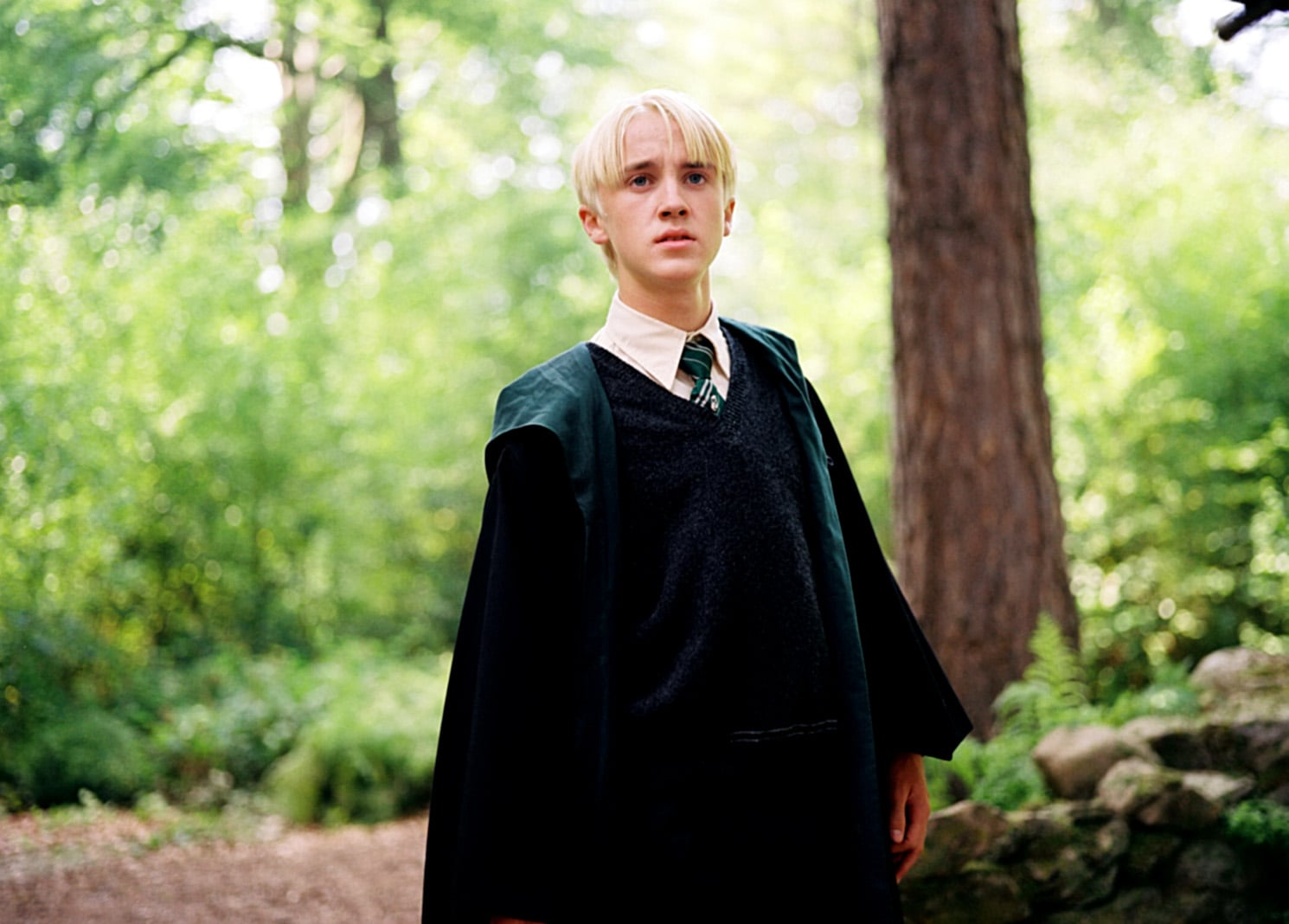 Draco Malfoy stands in a sunny forest, staring into the distance with a pained expression.