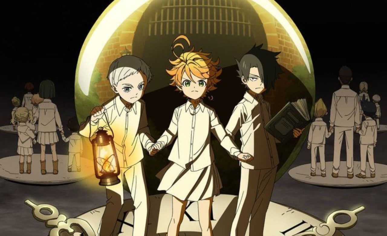 The Promised Neverland characters pose for the official image. From left to right: Norman, Emma, Ray.