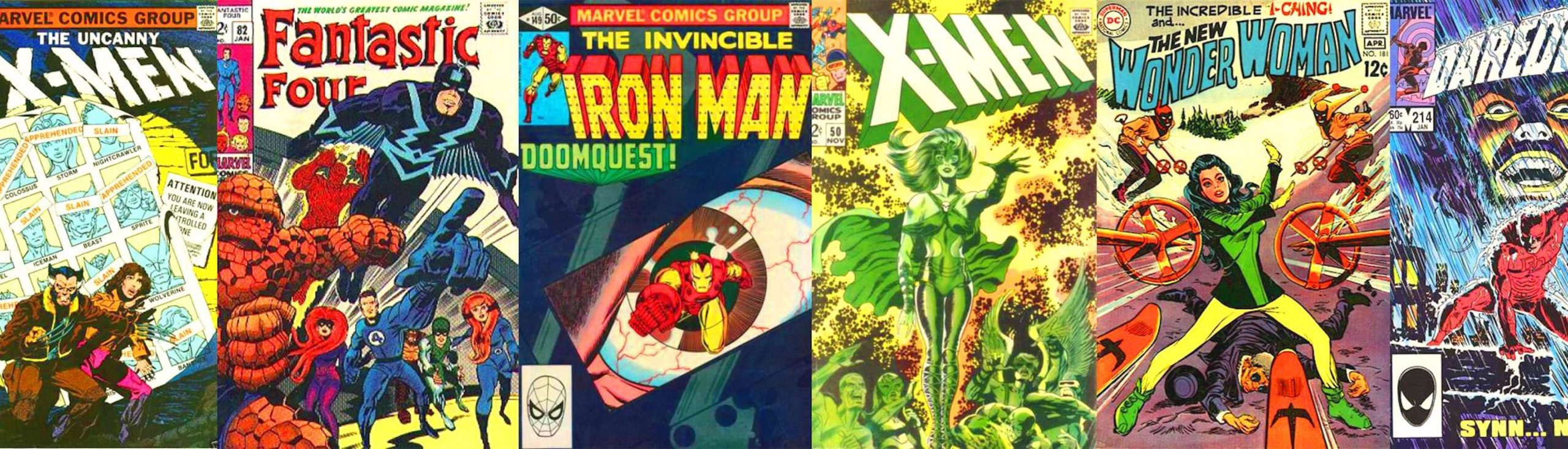 This image showcases six different Marvel Comics and DC Comic covers. 