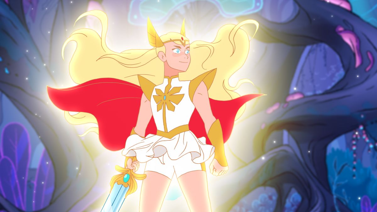 Confident and glowing, She-Ra stands in the whispering woods.