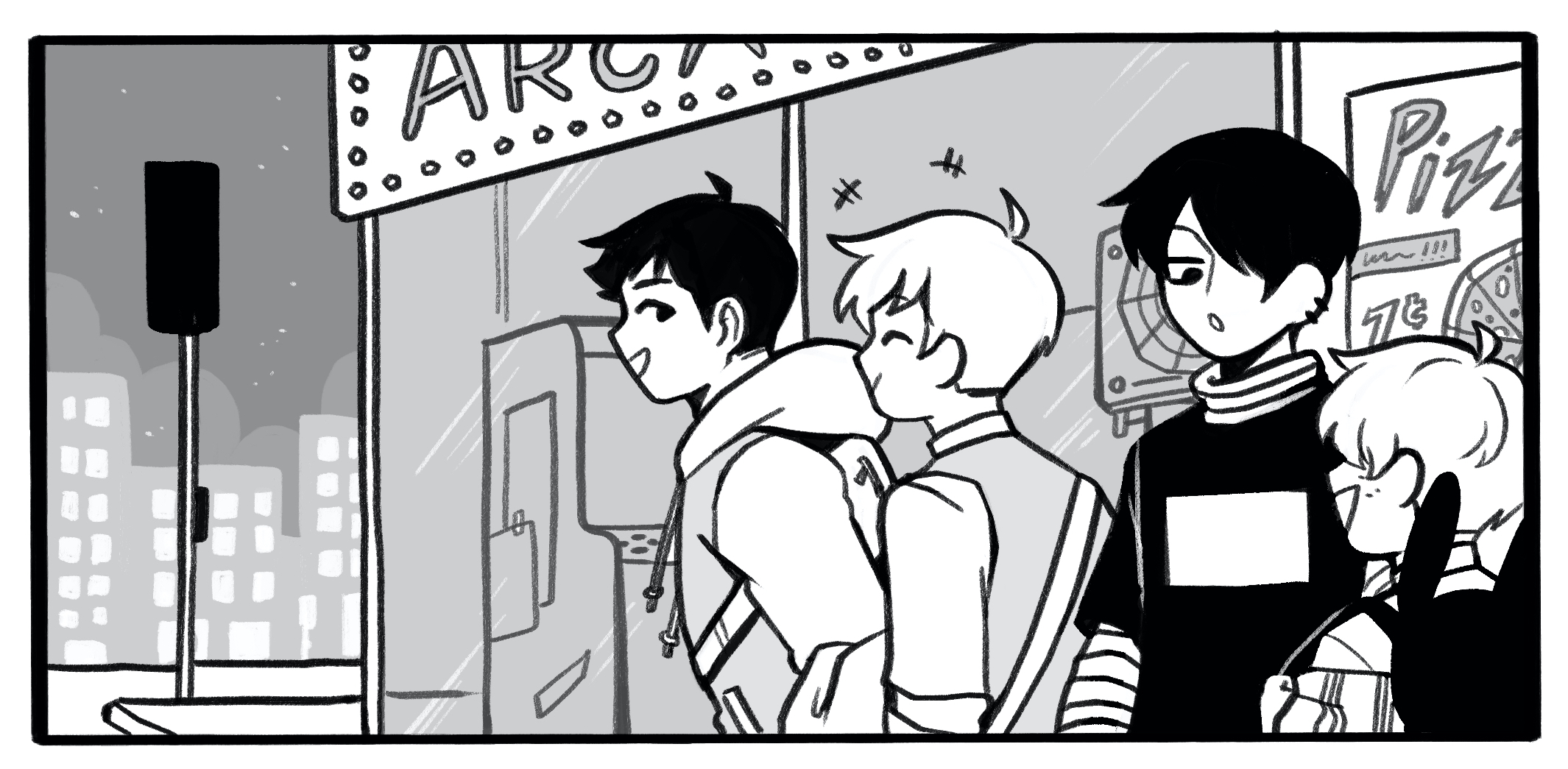 The characters Jock, Prep, Goth, and Nerd are walking down the sidewalk at night heading towards an arcade