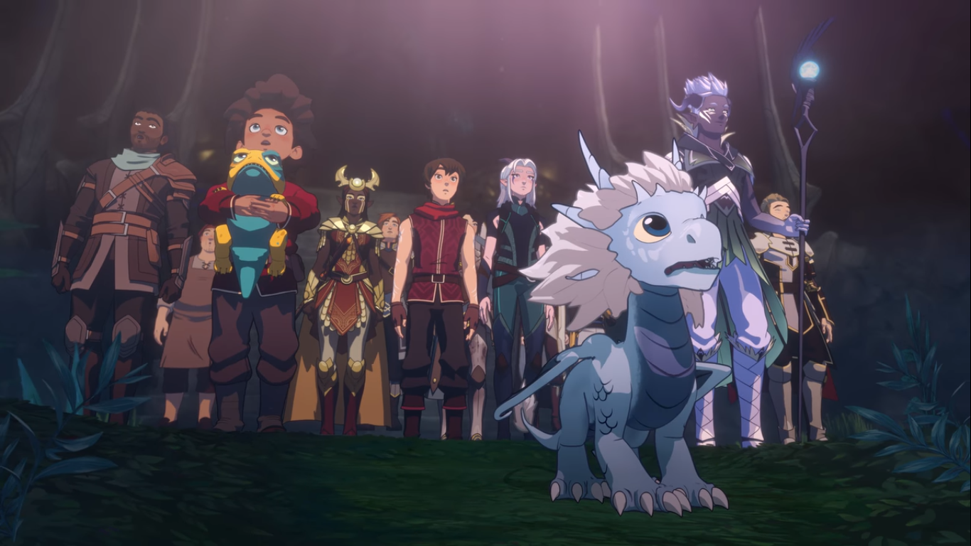 A large cast of characters, including the young dragon prince, stand before the sleeping dragon queen.