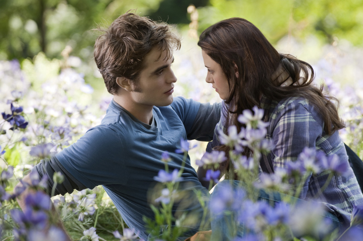 Bella Swan and Edward Cullen from Twilight staring at each other in a field of flowers. 