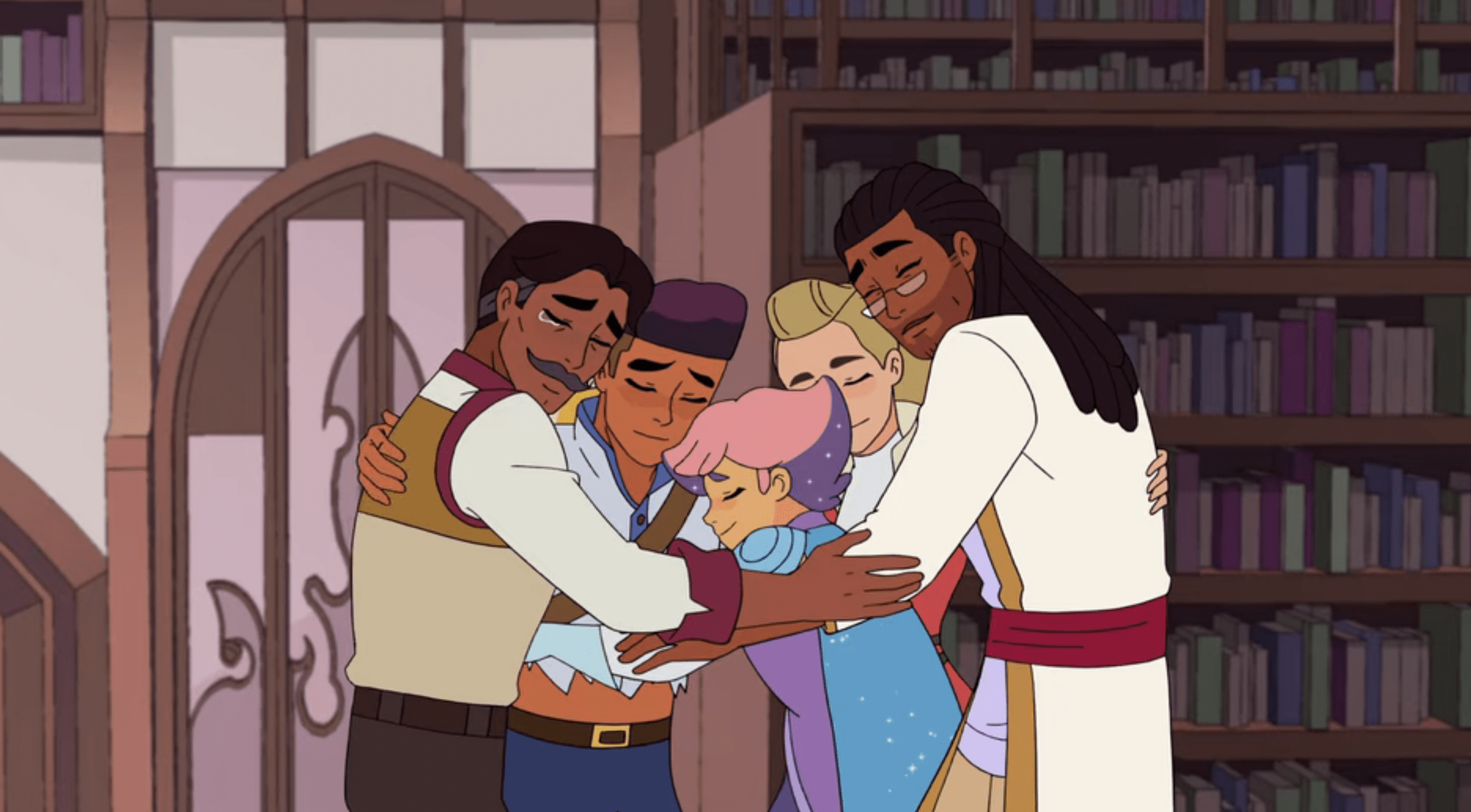Bow, his friends, and his dads get into a group hug after Bow admits he doesn't want to be a librarian.