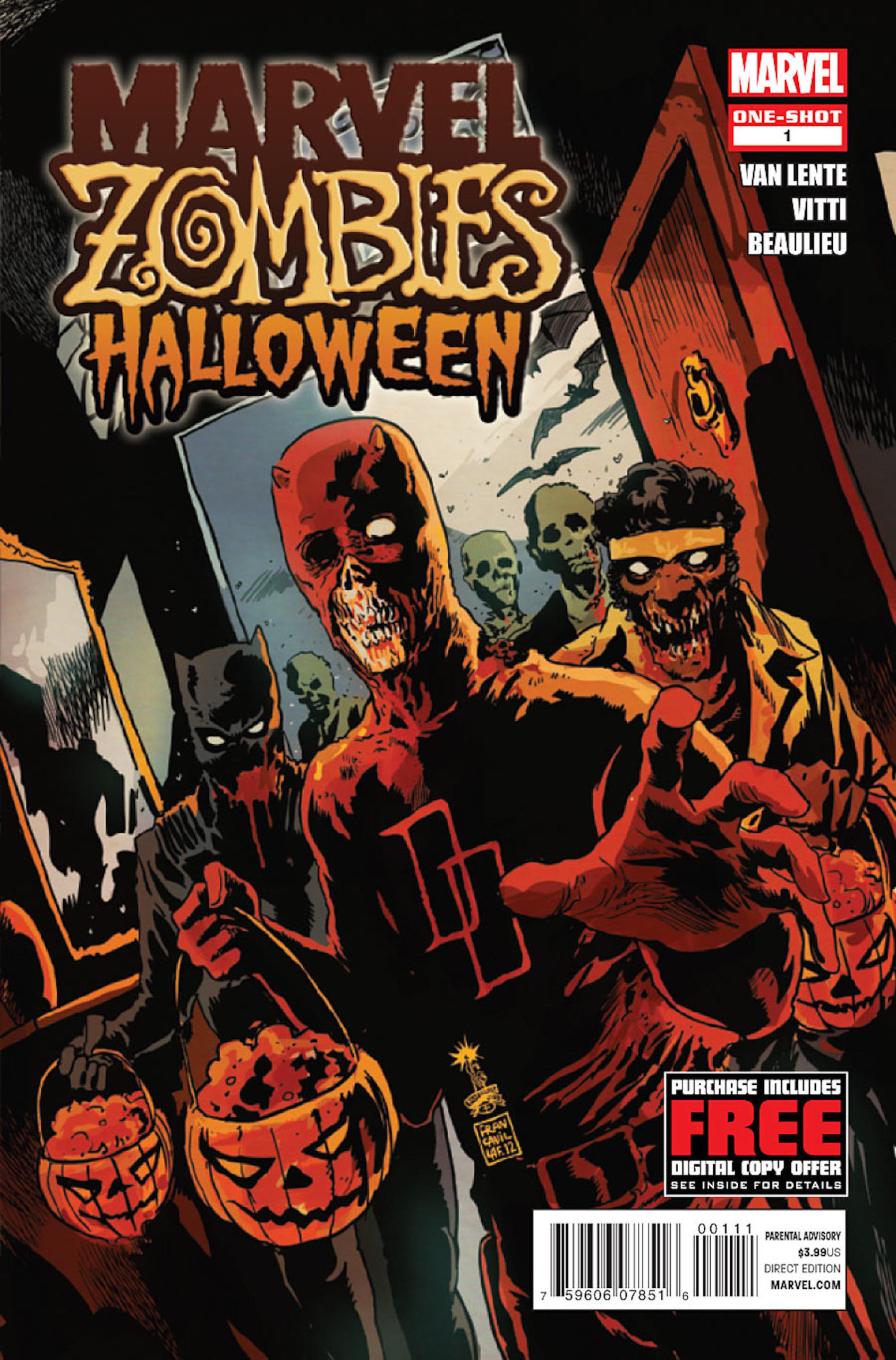 This image is the cover of the spooky comic book; Marvel Zombies Halloween Vol 1 #1 (2012), where Daredevil can be seen leading a pack of trick or treating zombie superheroes. 