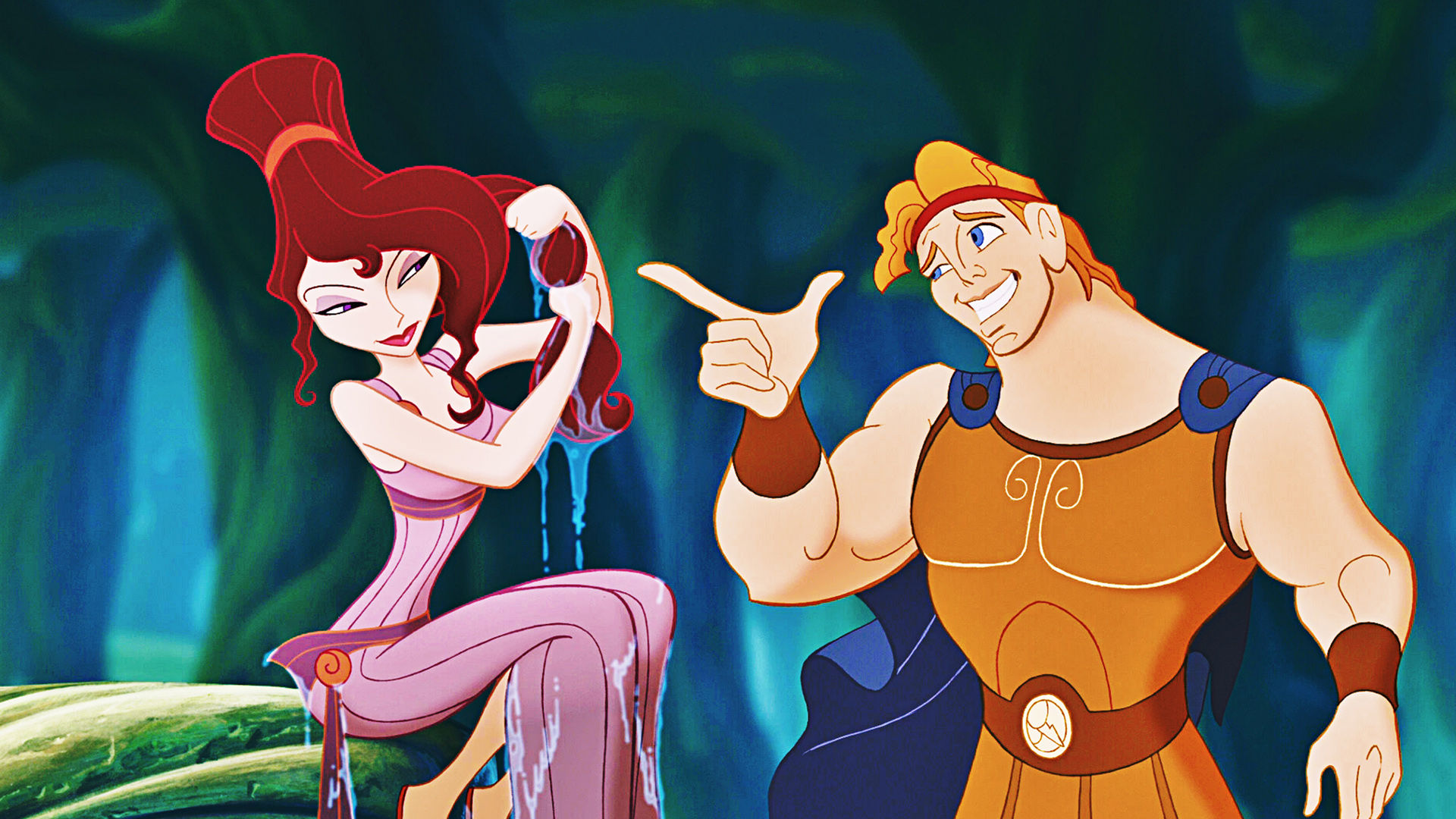 Megara sits on a log, drying out her hair, while Hercules flashes her a finger gun next to her.