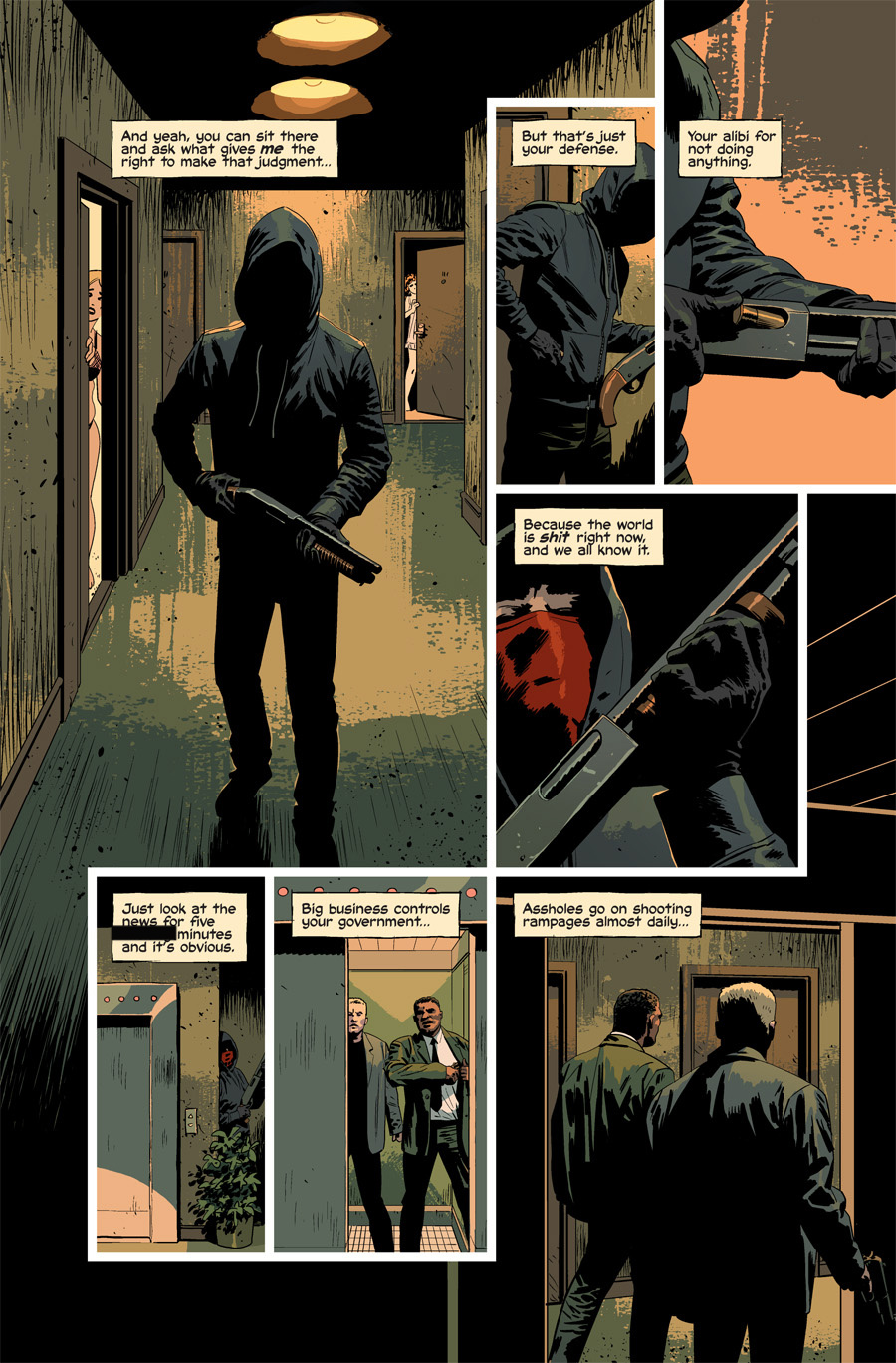 Kill or Be Killed comic book panel showing a hooded man with a shotgun approaching two presumed criminals.
