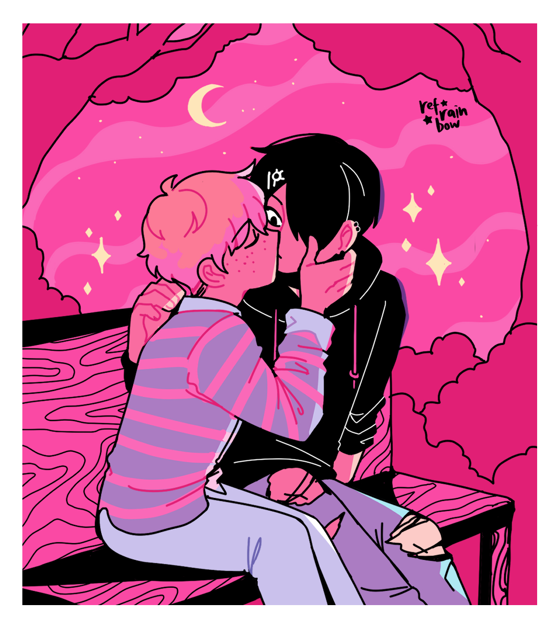 Nerd kissing Goth on a park bench. Behind them is a pink night sky. 