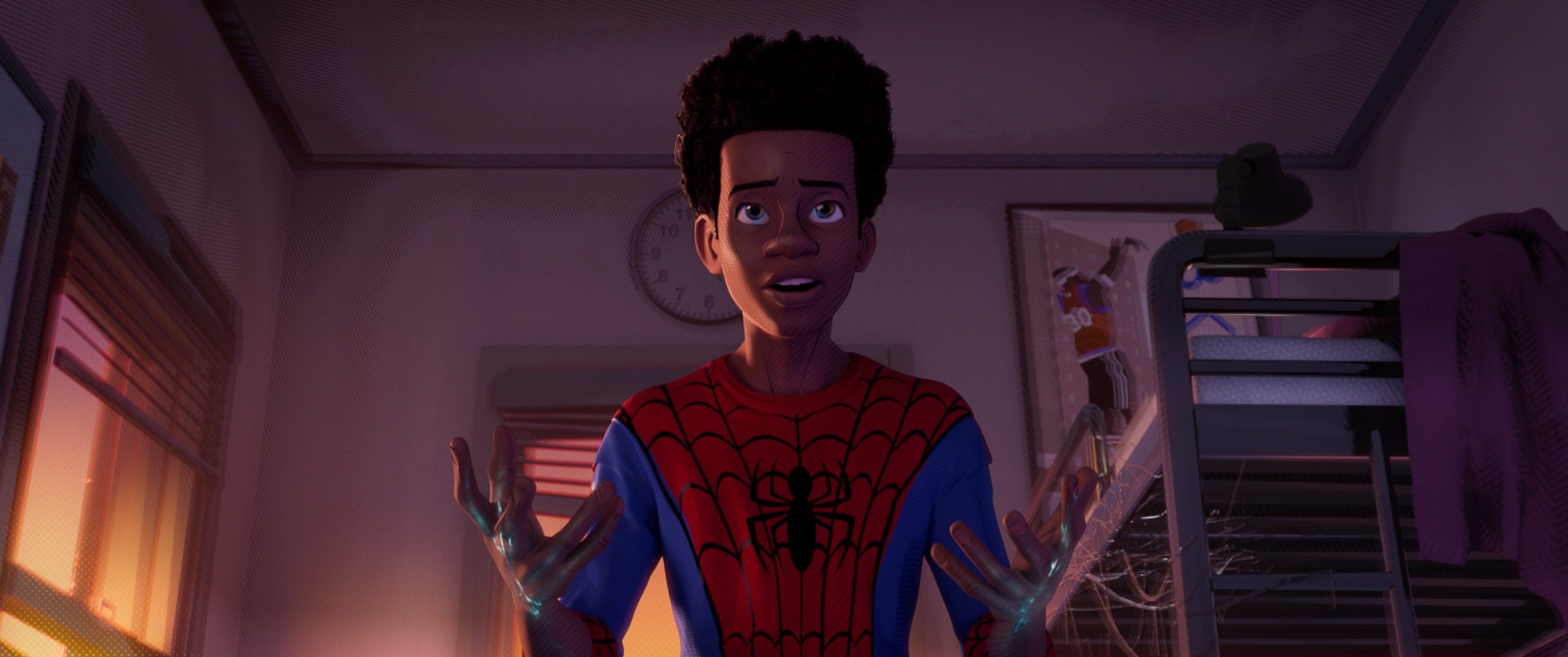 This image is from Spider-Man: Into the Spider-Verse (2018), where Miles was experiencing his electricity powers in his dorm room. 