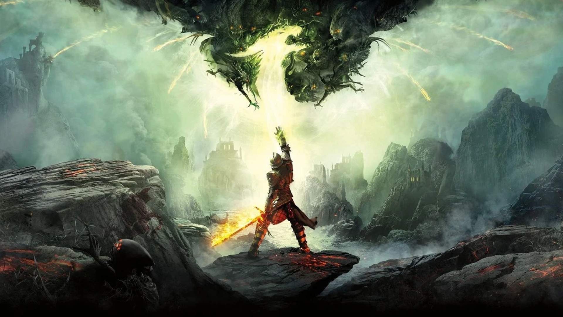 The inquisitor reaches towards the sky as they close a rift in Dragon Age: Inquisition, one of the more popular examples of narrative gaming.