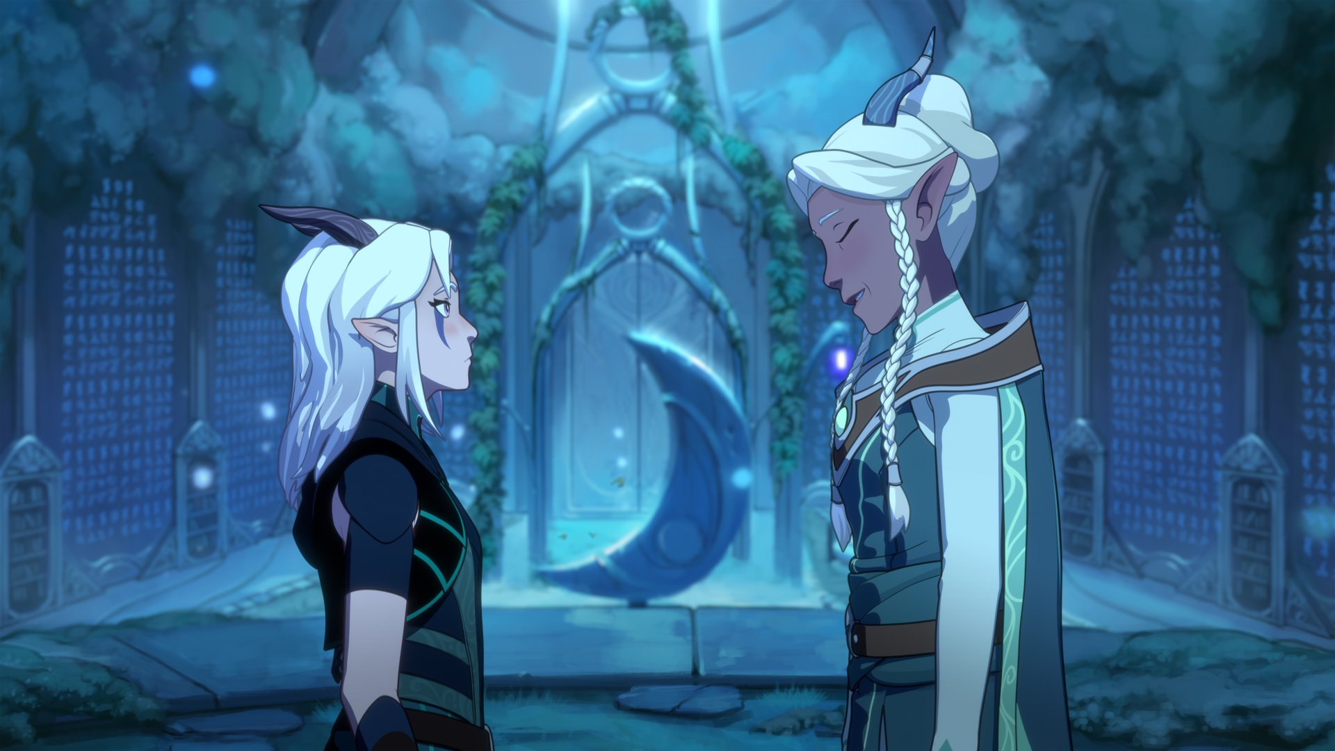 An elven moon mage talks to Rayla in a moonlit temple.