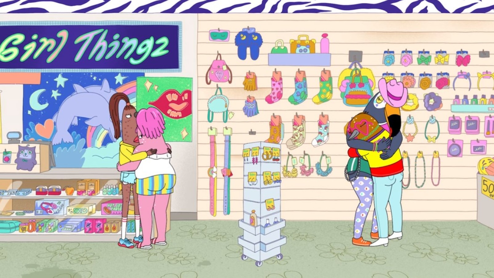 Tuca and Bertie from Tuca and Bertie make up at the mall.