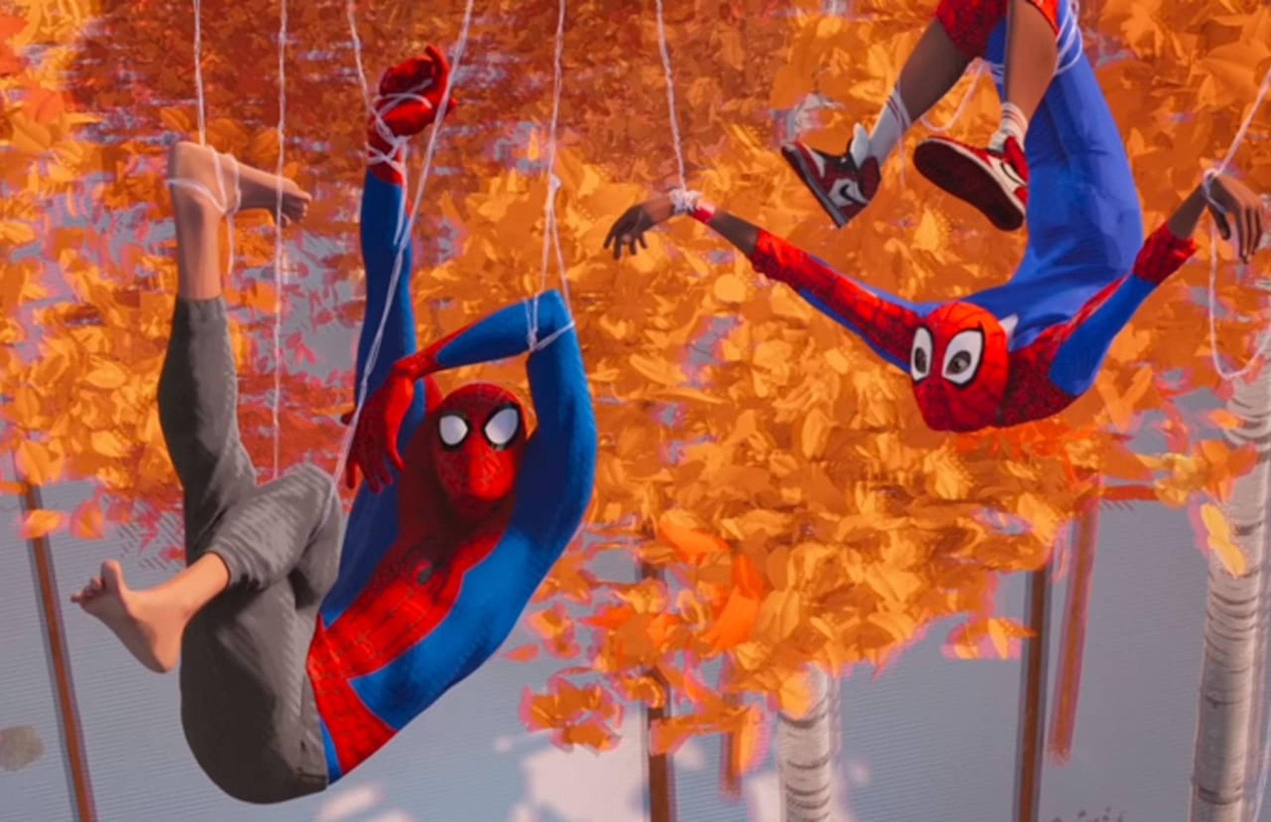 This image is from Spider-Man: Into the Spider-Verse (2018), where Spider-Man and Miles got caught in their own web during a fight. 