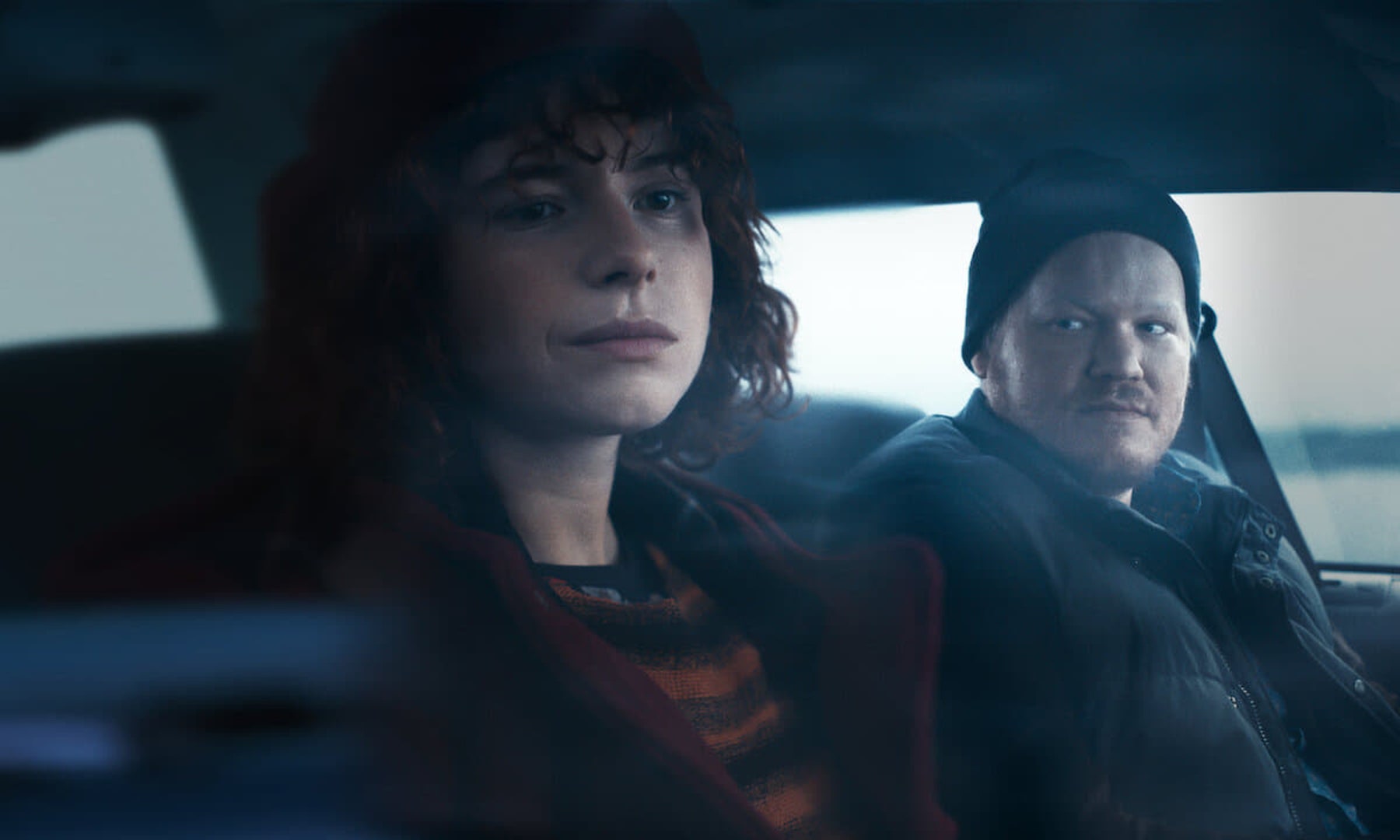 Lucy and Jake drive through a snowstorm in Charlie Kaufman's new film, I'm Thinking Of Ending Things
