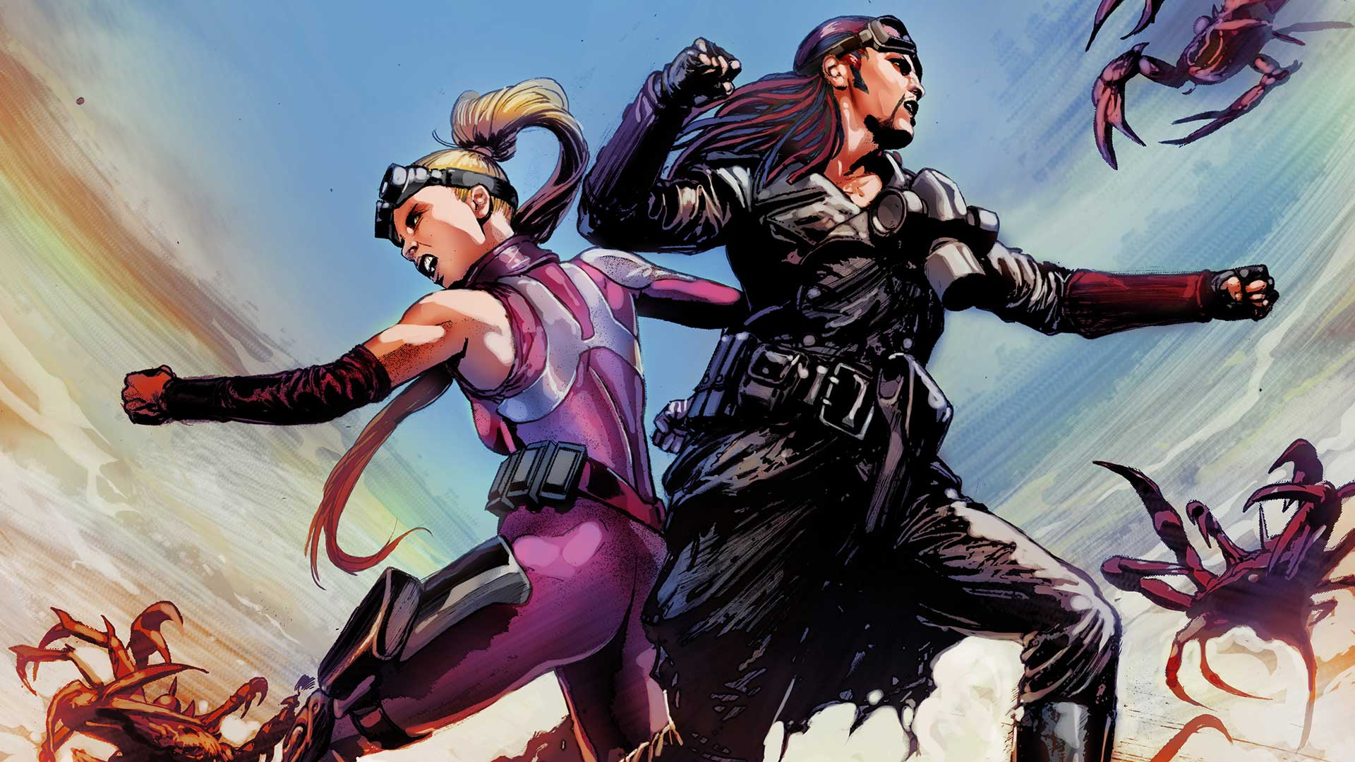Penelope Pitstop (left) and Dick Dasterdly (right) fight monsters on the cover of Wacky Raceland #3. 