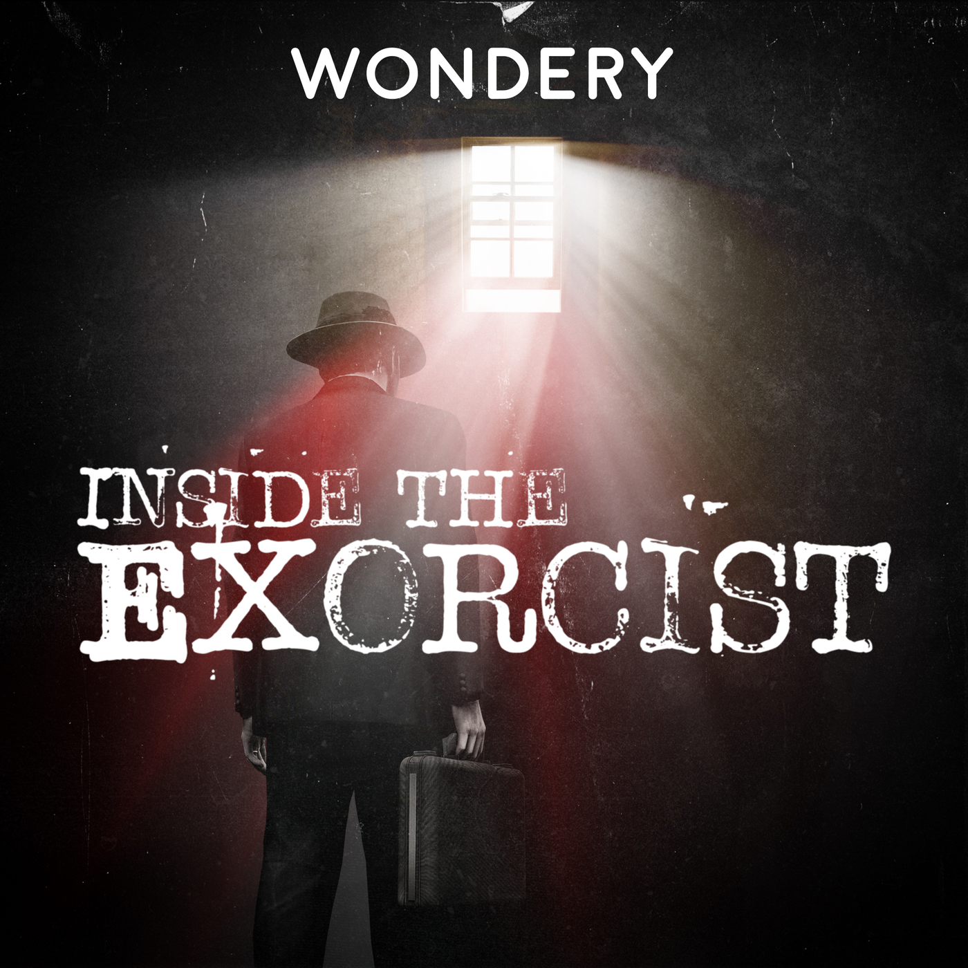 Inside The Exorcist horror podcast's cover art featuring a man with a briefcase facing a house.