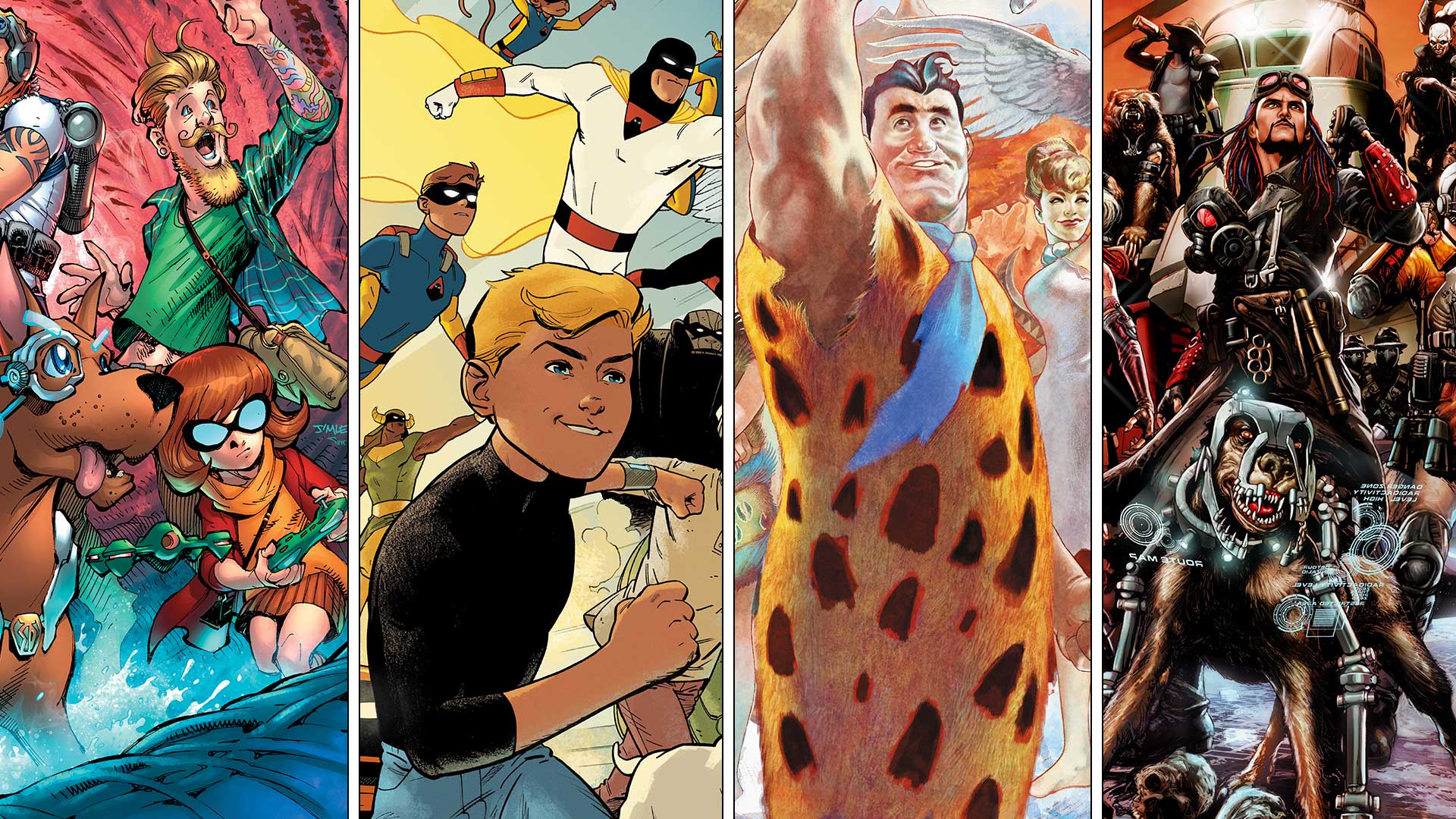 The covers for four comics are featured from left to right: Scooby Apocalypse, Future Quest, The Flinstones, and Wacky Raceland.