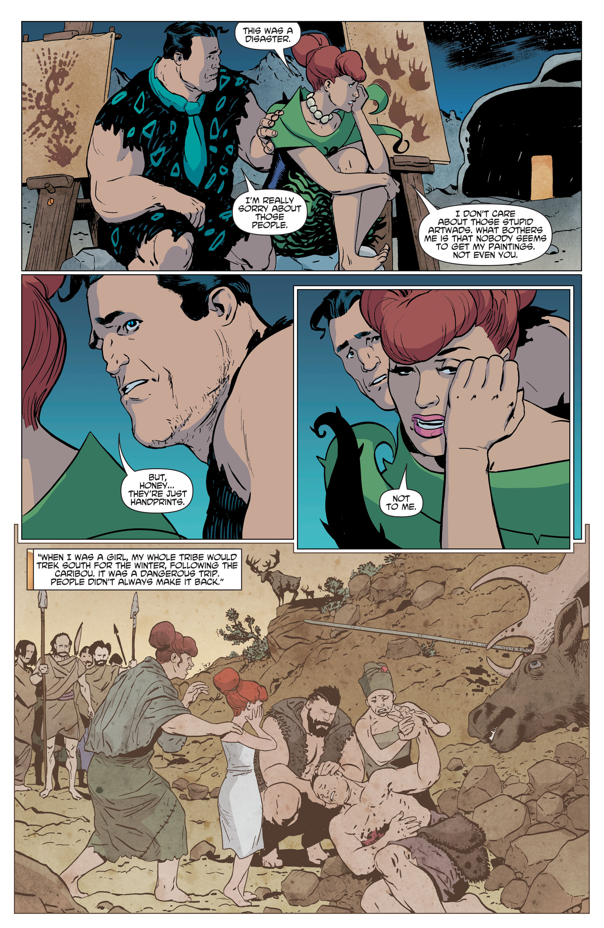 Page 31 of The Flintstones #1 shows Fred and Wilma sitting by Wilma's painting and discussing her childhood.