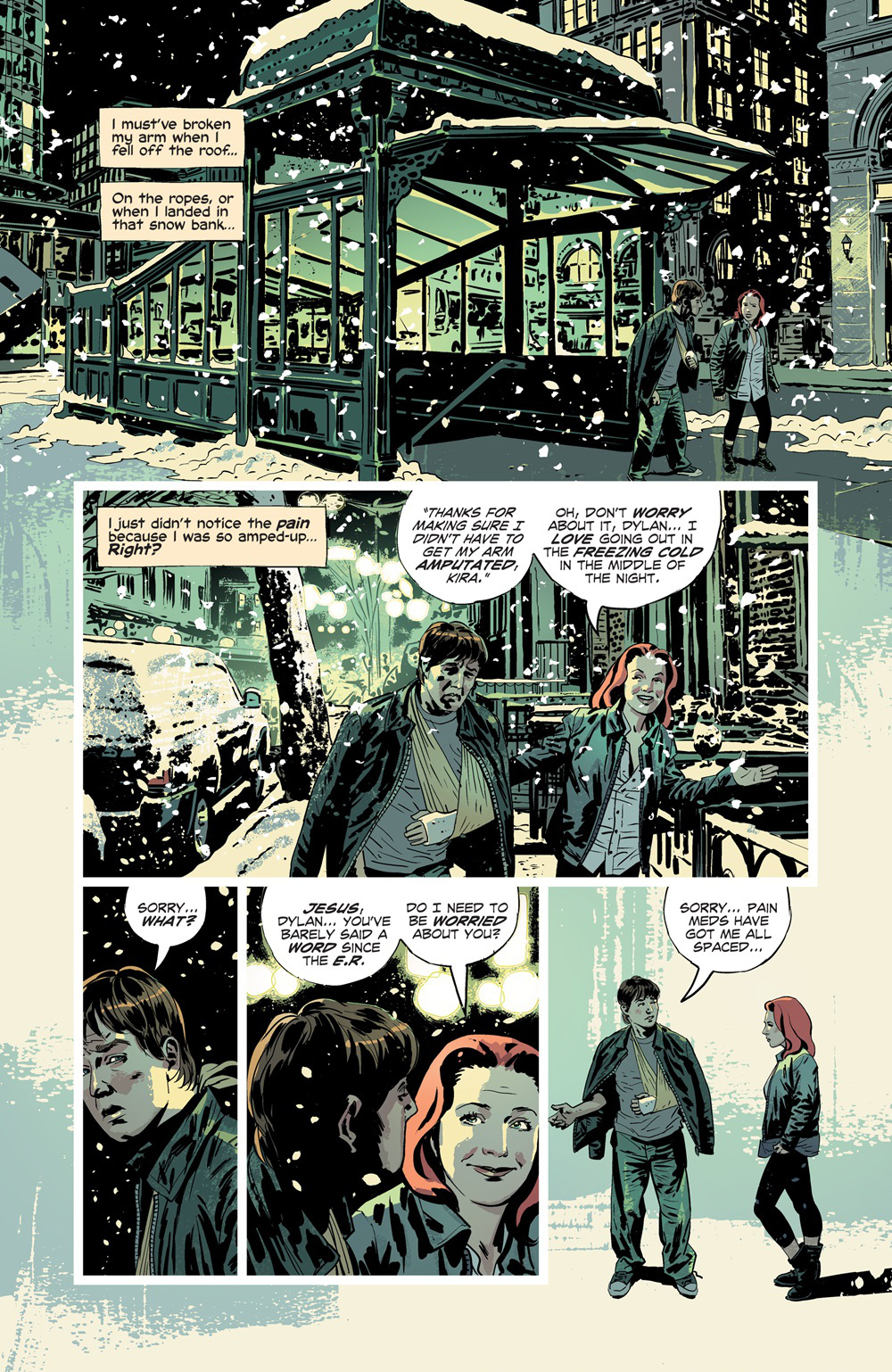 Kill or Be Killed comic book panel of an injured young man and a young woman walking and walking in a lightly colored city winter.