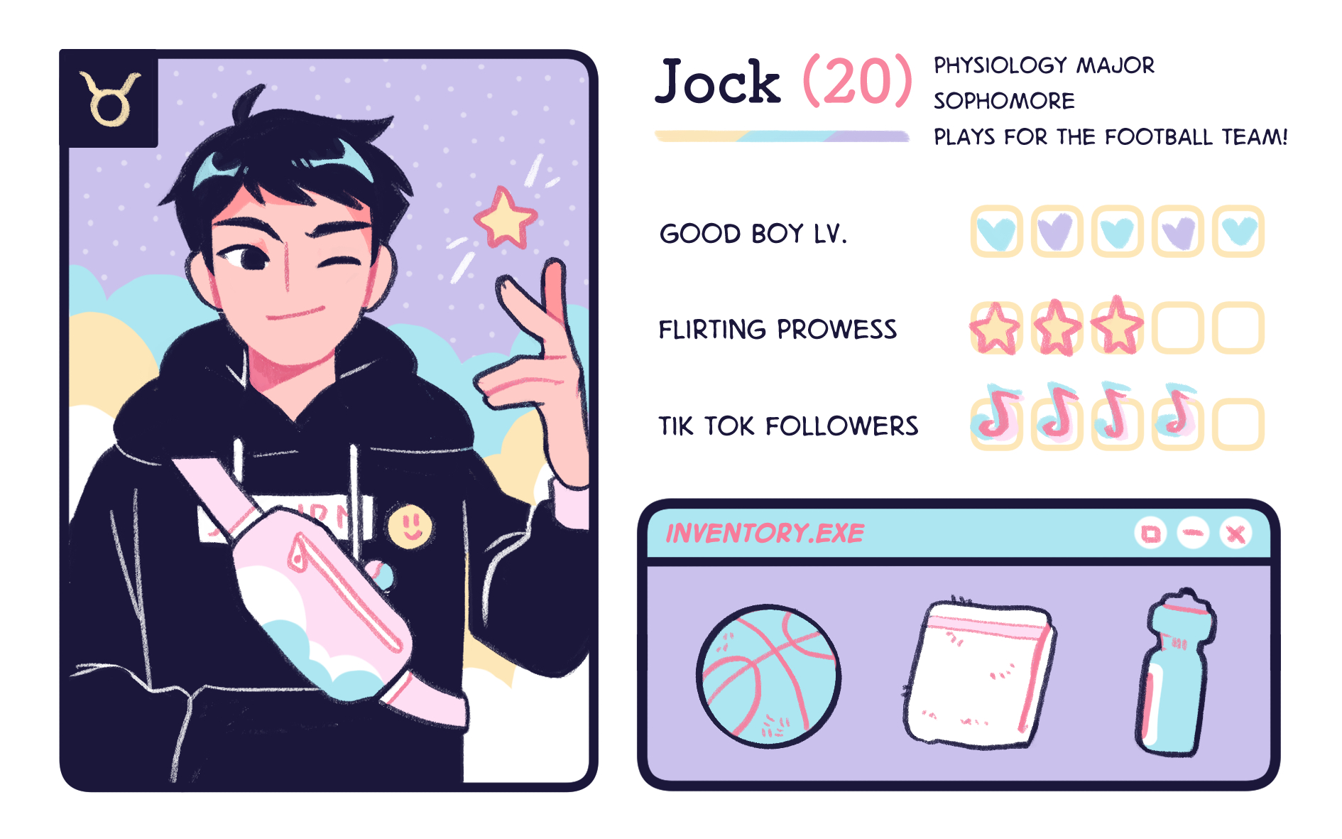 Profile of Jock that demonstrates his good boy level, flirting prowess, and tik tok followers