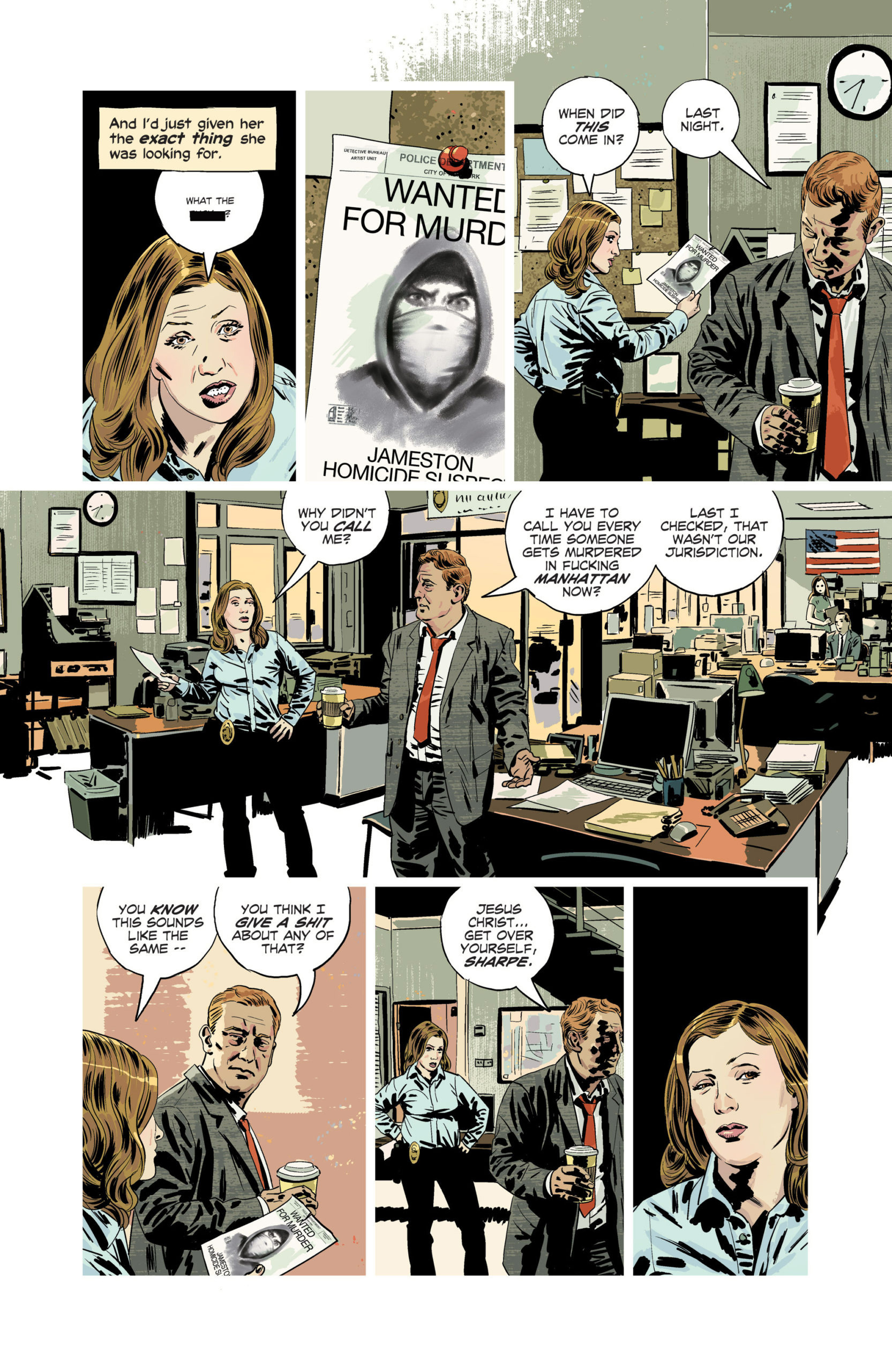 Kill or Be Killed comic book panels of a female detective interacting with a resentful male detective.