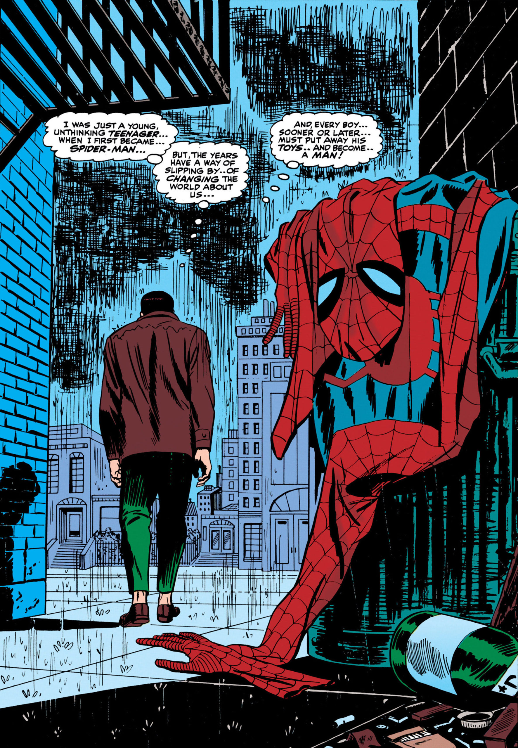 This is an image from The Amazing Spider-Man #50 (1967), where Peter Parker threw his Spider-Man outfit in the trash and walked away. 
