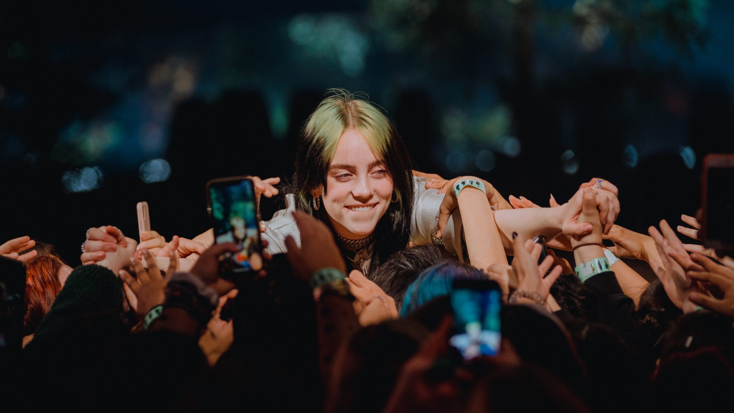 Billie Eilish holding an audience member's hand. 