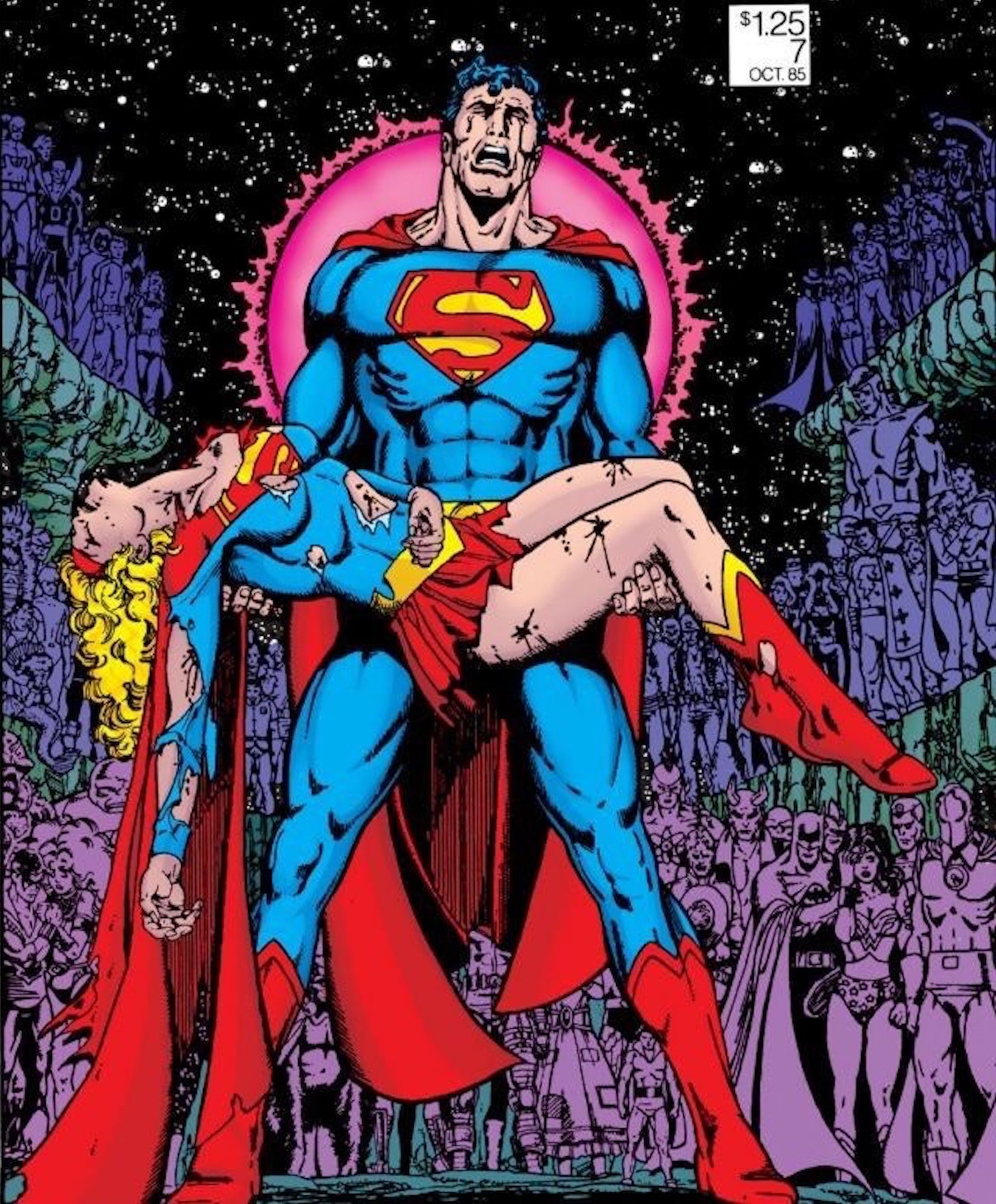 This image showcases one of the greatest comic book covers Crisis on Infinite Earths Vol. 1 #7 (1985), where Superman is holding a deceased Supergirl in his arms.