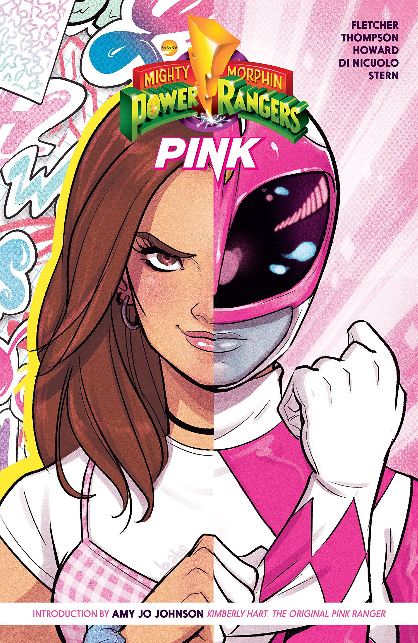 Cover of Mighty Morphin Power Rangers: Pink. Half image is Kimberly Hart in white t-shirt and dress and other half is her in pink ranger outfit