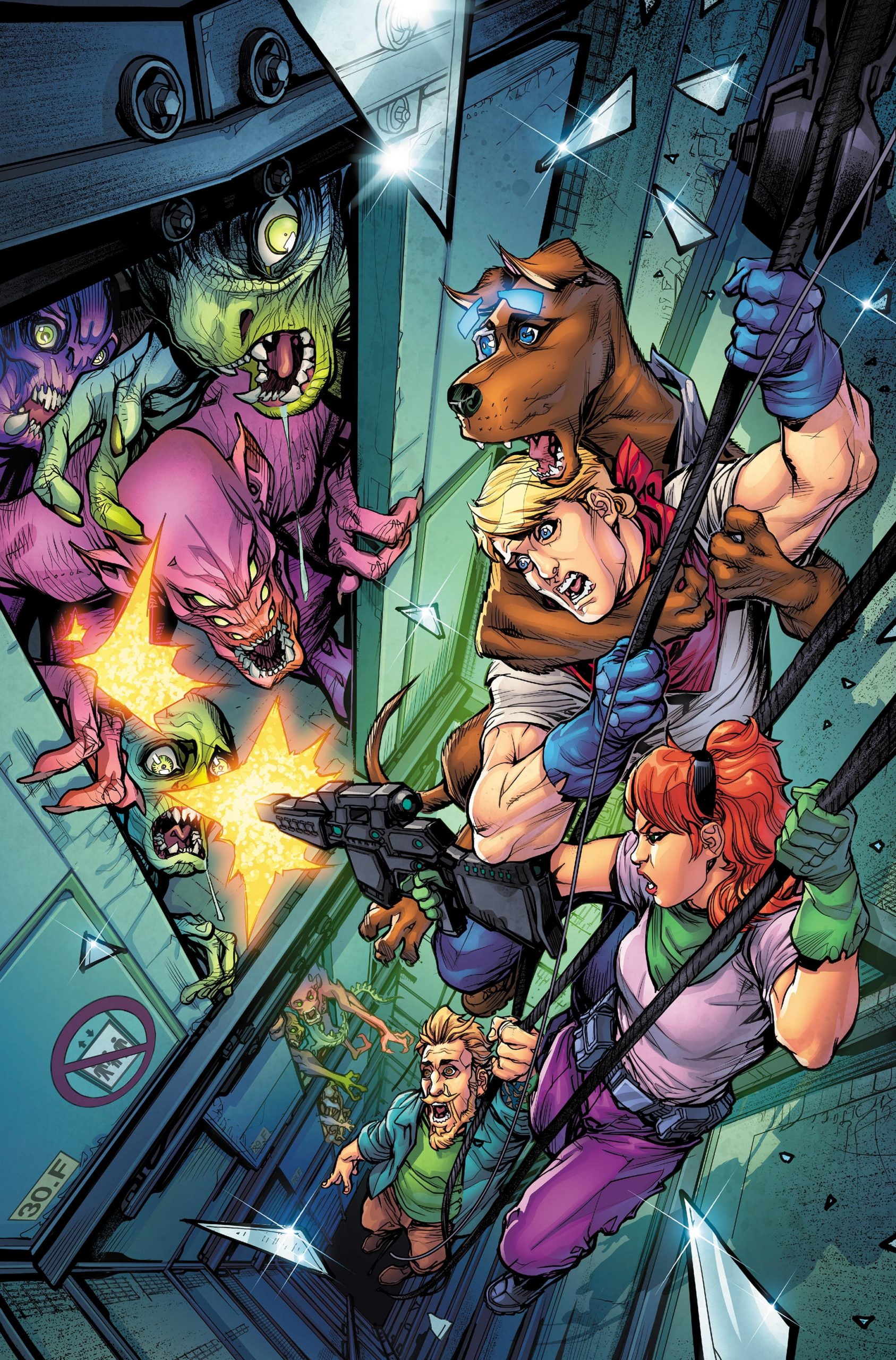 The Scooby Apocalypse #3 Hanna-Barbera Beyond comic cover shows Scooby, Fred, Daphne, and Shaggy dangling from a rope.