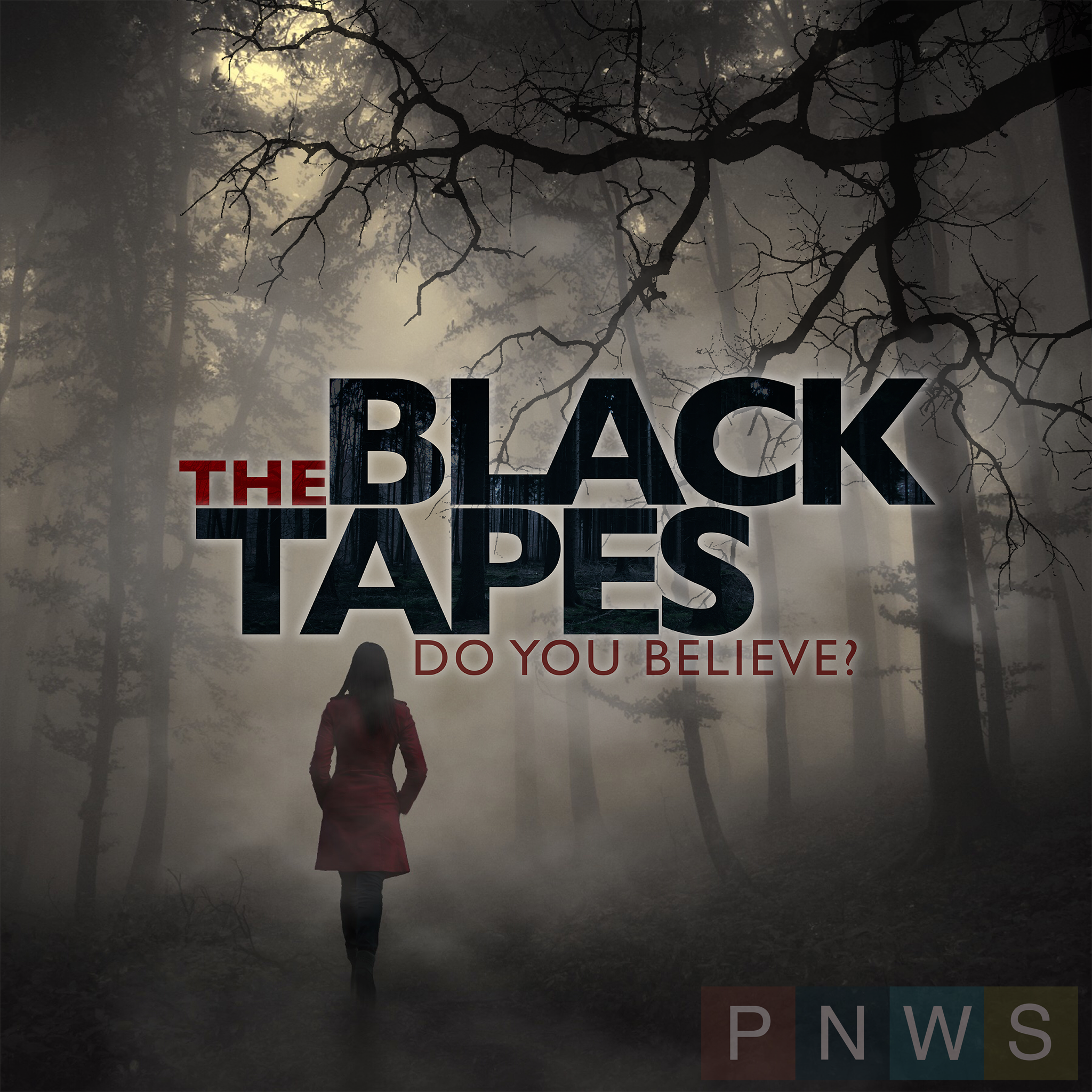 The Black Tapes horror podcast's cover art featuring a woman walking into the woods.