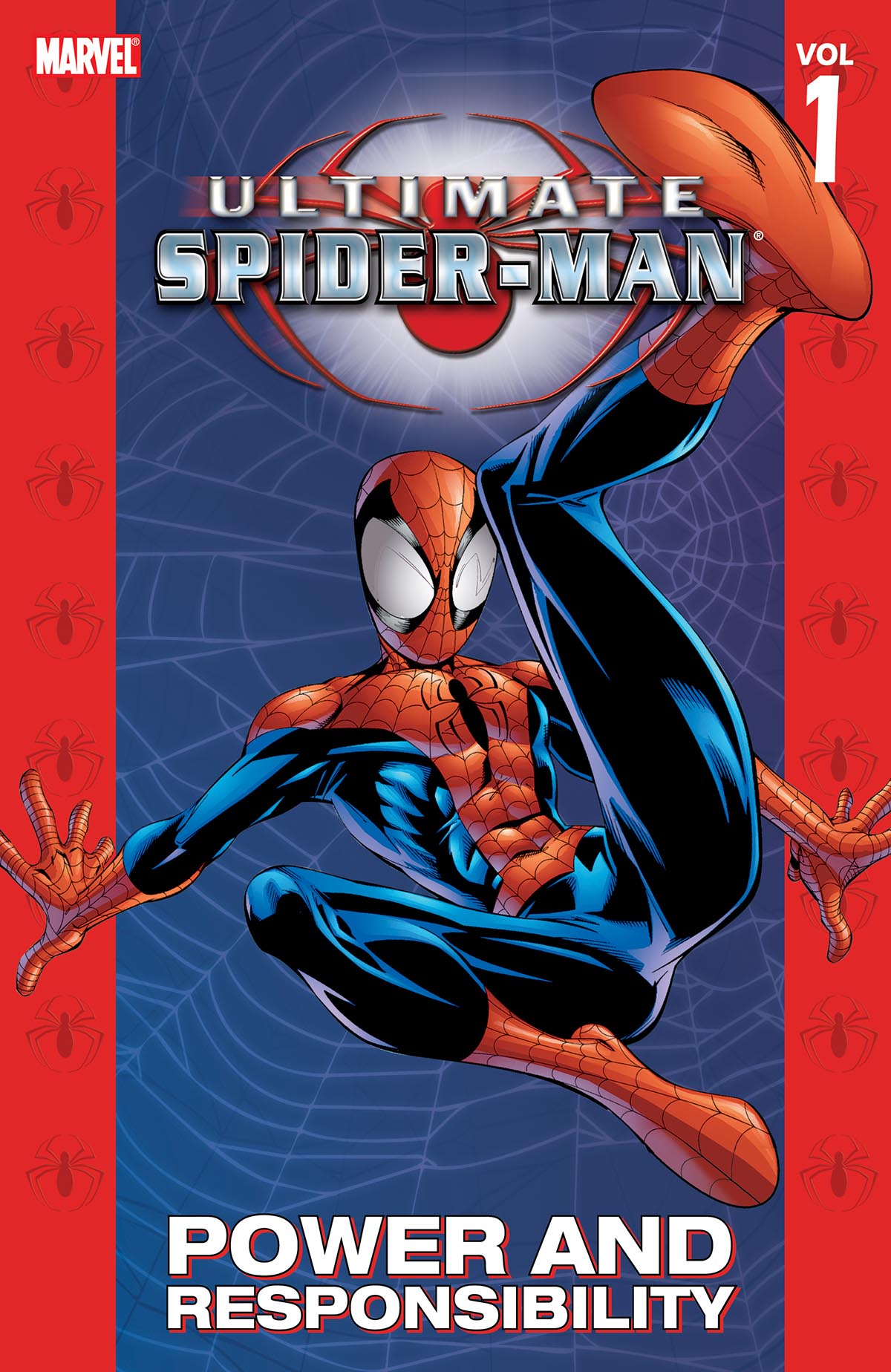 Ultimate Spider-Man vol.1 cover. Spider-man falling down against a blue background with white spiderwebs