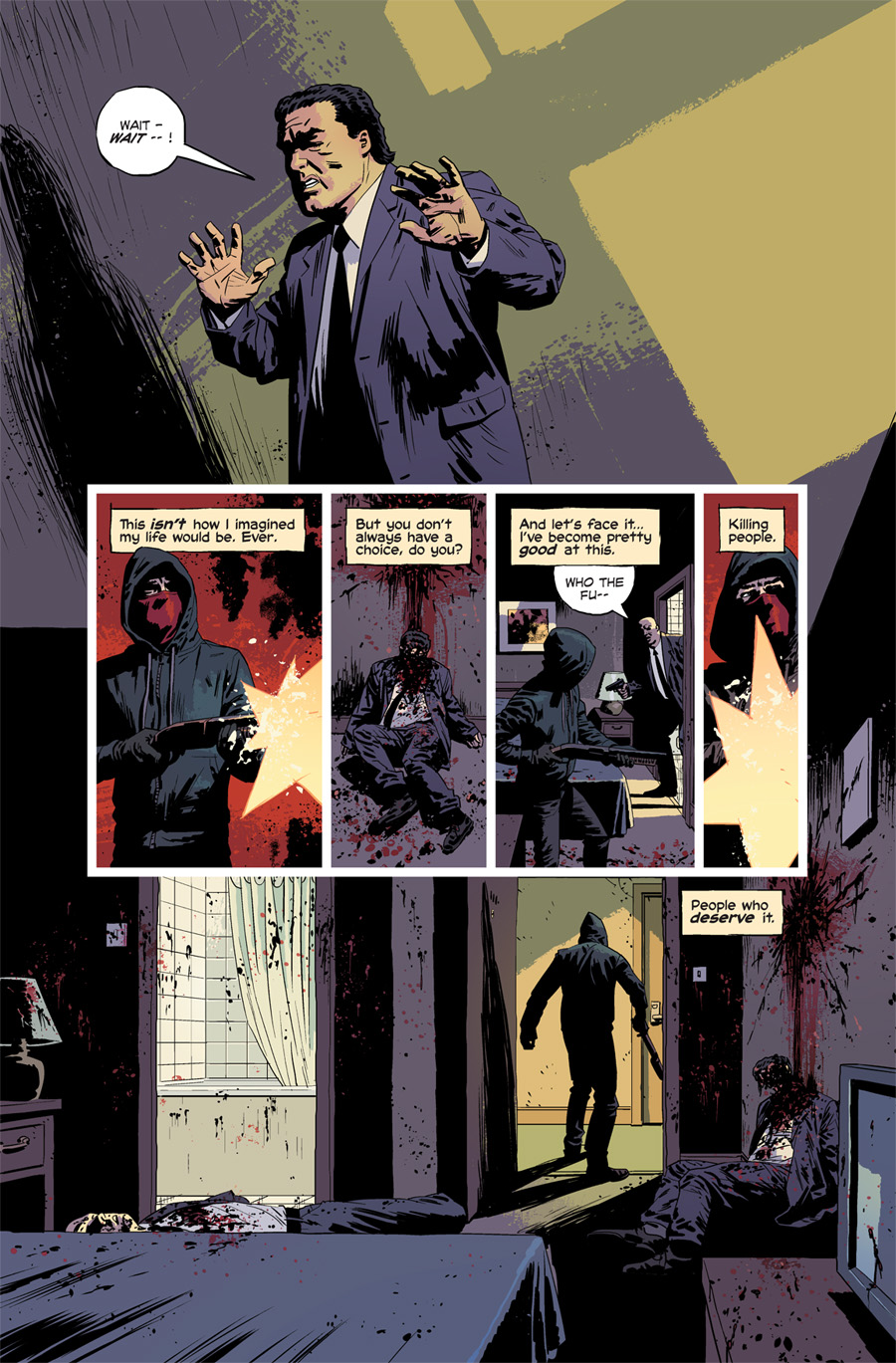 Kill or Be Killed comic book panels showing a man in a suit being shot with a shotgun by a man in a hood and red ski-mask.