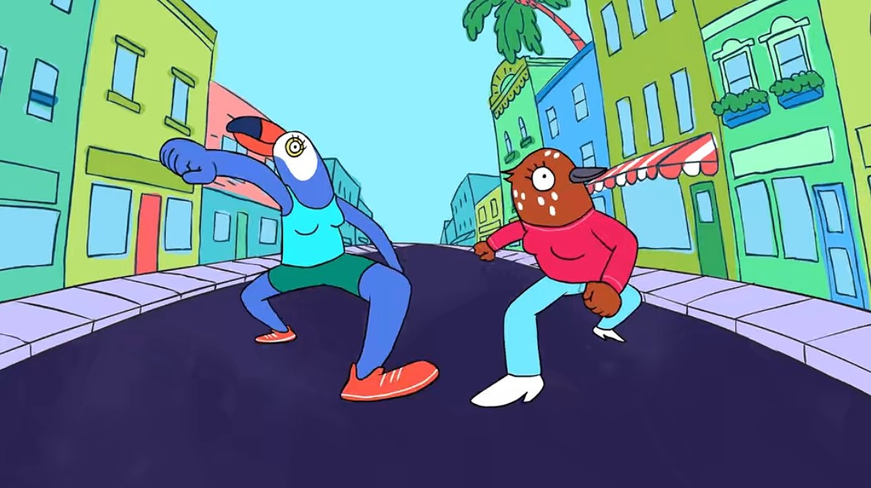 Tuca and Bertie walk down the street.