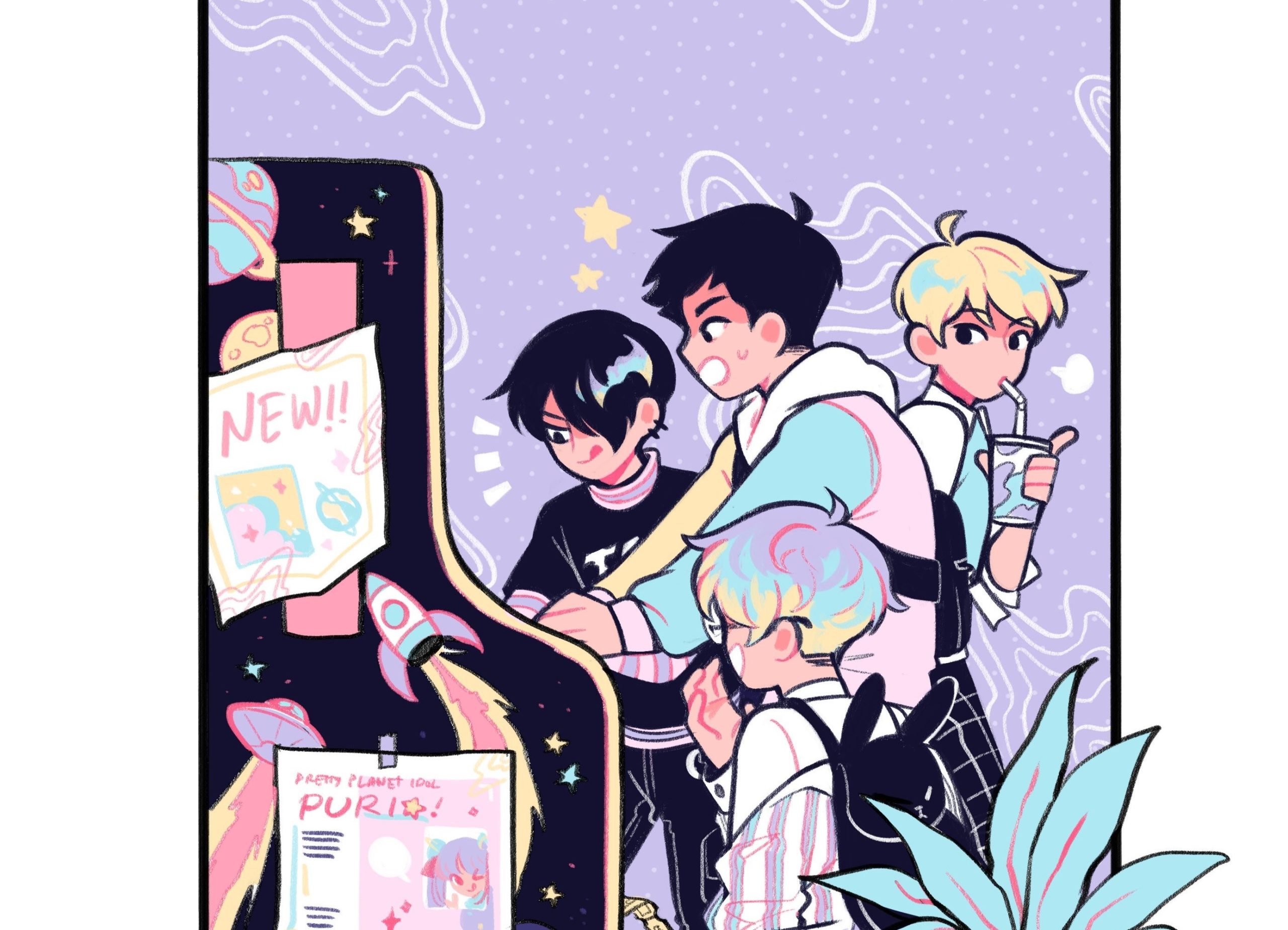 jock and goth playing an arcade game while nerd and prep watch