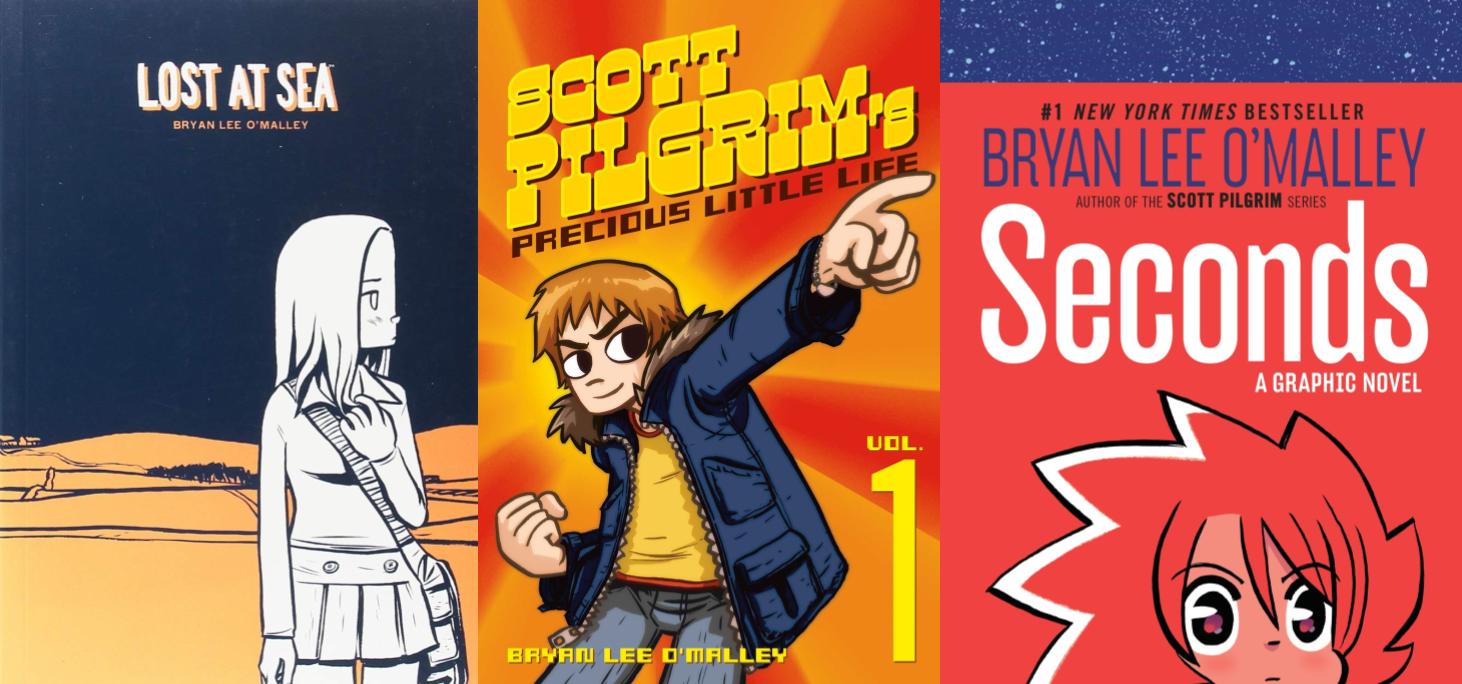 The covers of Lost at Sea, Scott Pilgrim's Precious Little Life, and Seconds by Bryan Lee O'Malley