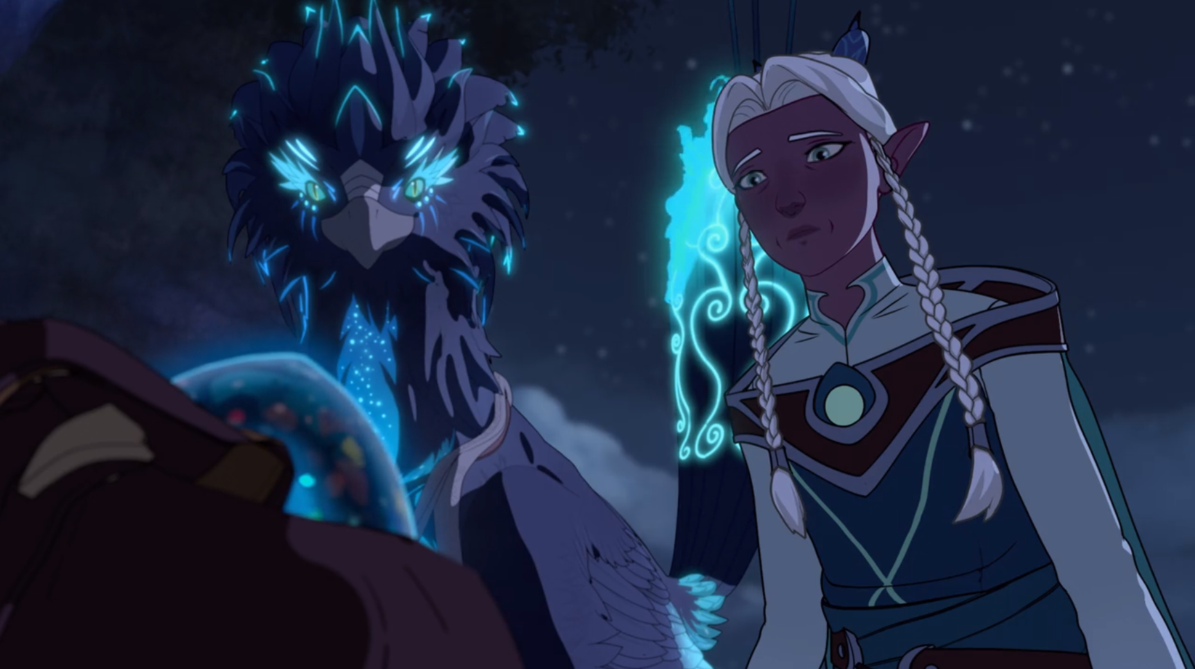 A Moonshadow elf and her blue phoenix look concerned over a glowing egg.