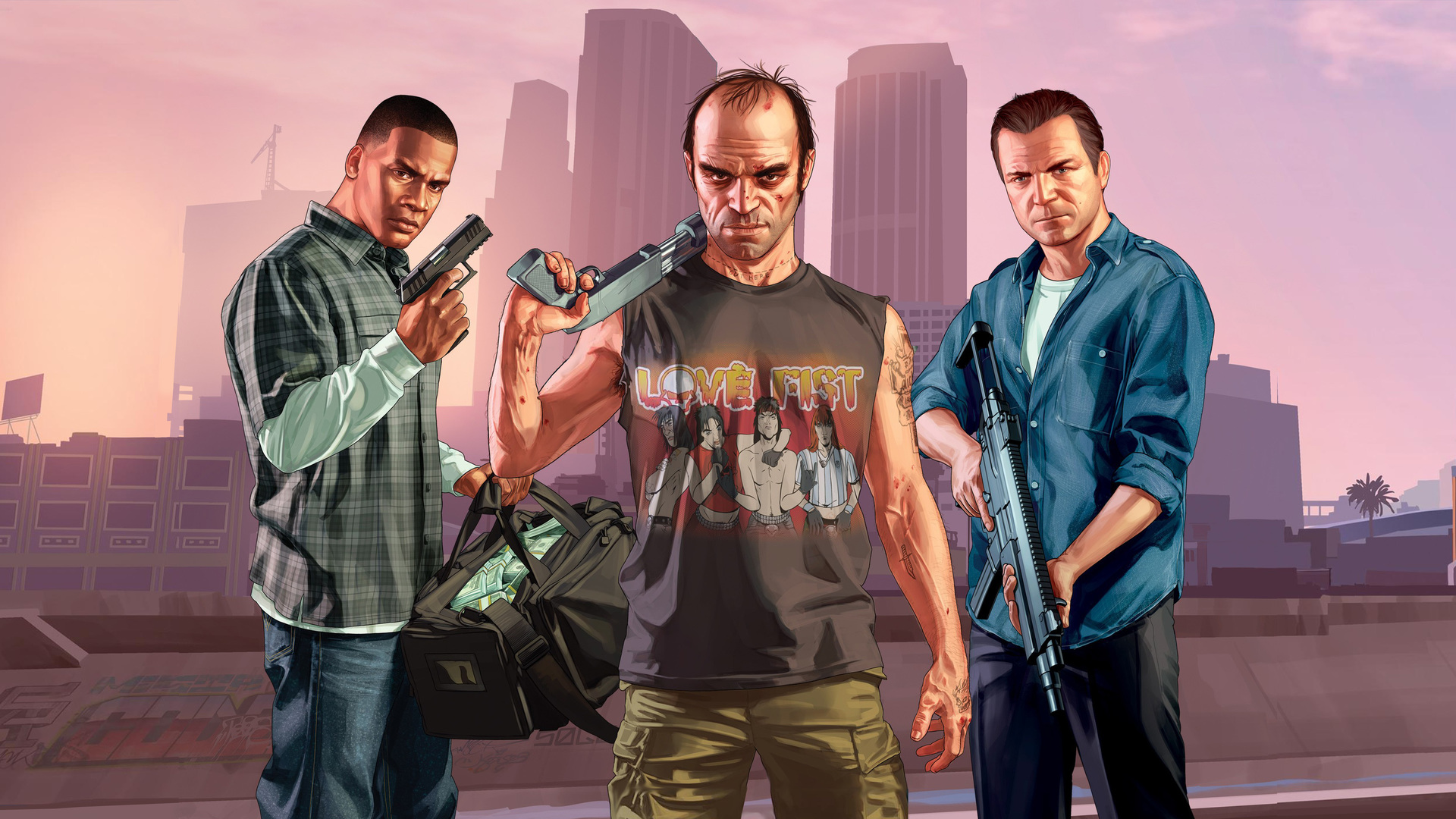 Michael Townley, Trevor Philips, and Brad Snider holding guns. 