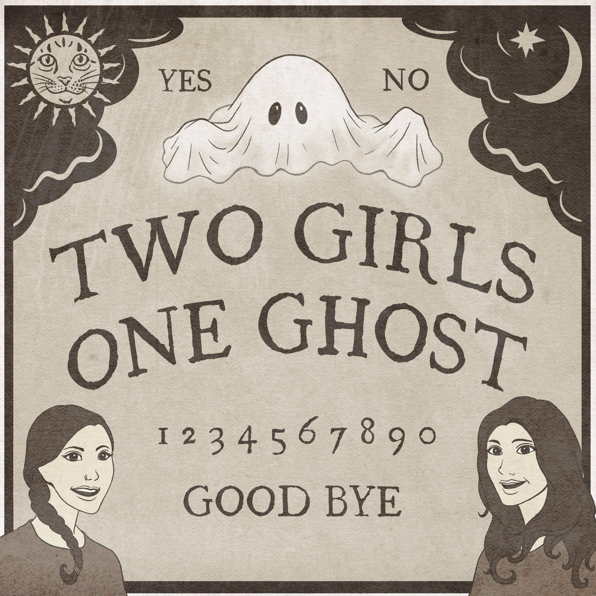 Two Girls One Ghost Logo with Corinne and Sabrina drawn on a modified ouiji board.