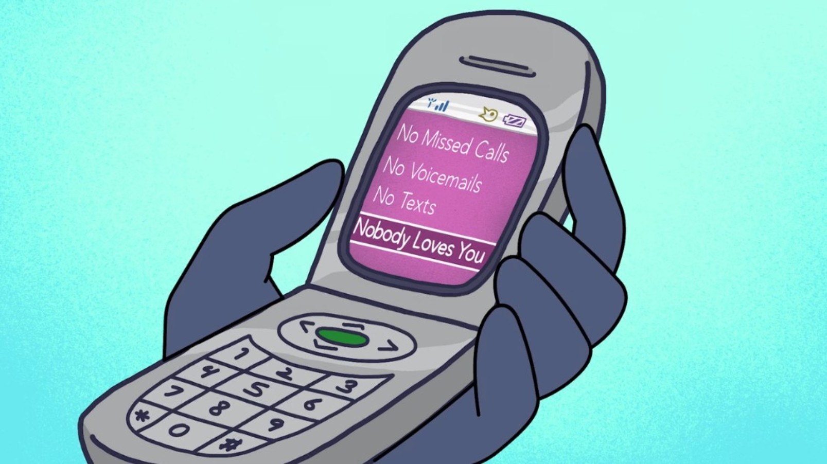 Tuca from Tuca and Bertie holding her cellphone. The menu screen reads: nobody loves you.