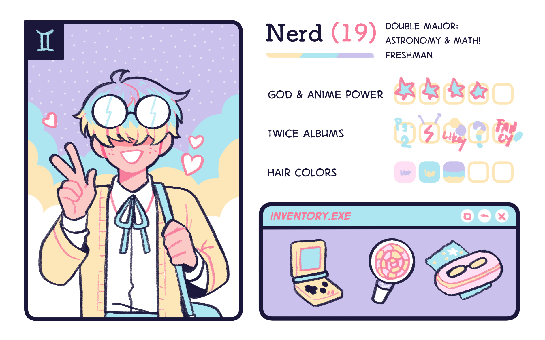 Profile of Nerd that demonstrates his god/anime power, twice albums, and hair color