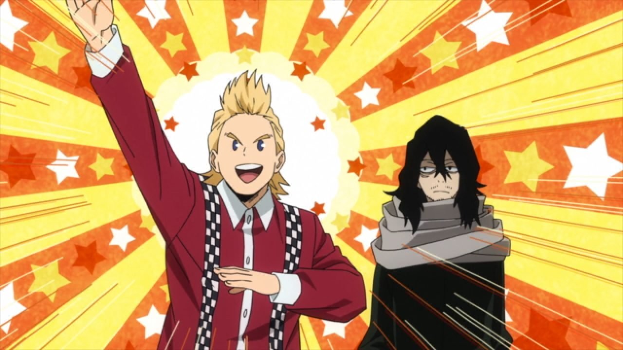 Class 1-A's teacher Aizawa and The Big Three's Mirio Togata. 