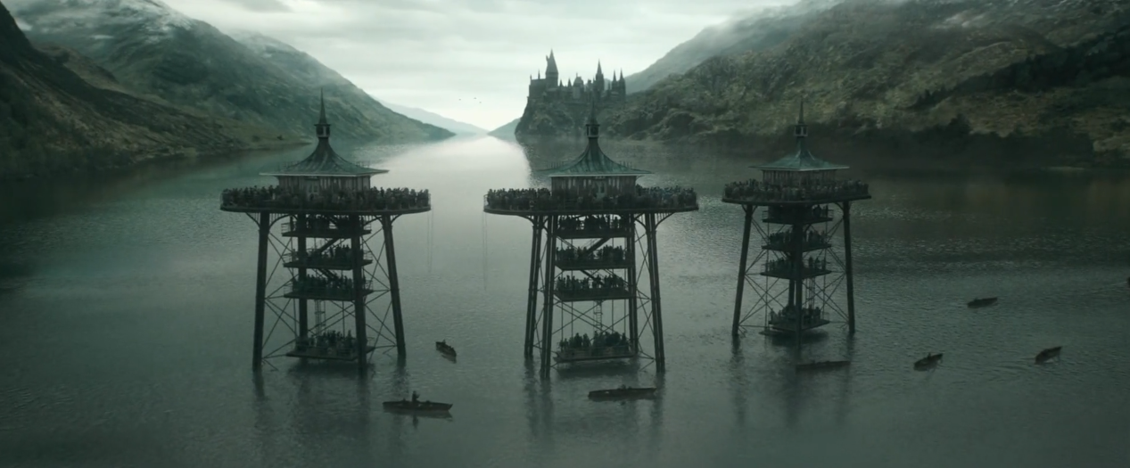 Three towers on the Black Lake before the start of the second task of the Triwizard Tournament.