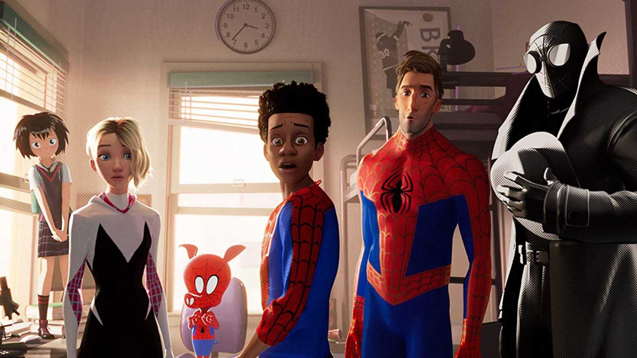 This image is from Spider-Man: Into the Spider-Verse (2018), where the Spider-Man family hears someone at Miles' dorm room door. 