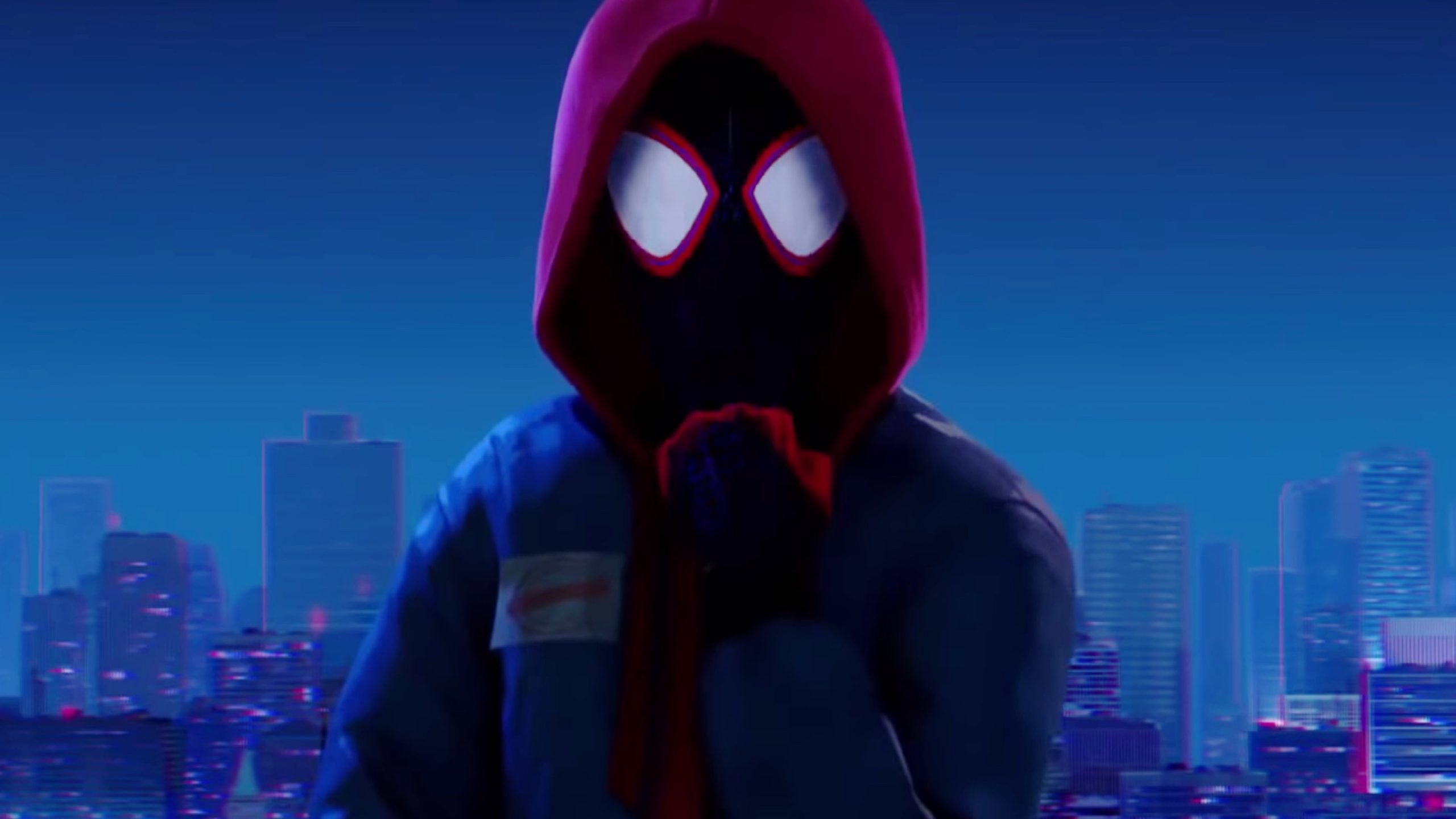 This image is from Spider-Man: Into the Spider-Verse (2018), where Miles can be seen pulling his new all-black mask down.