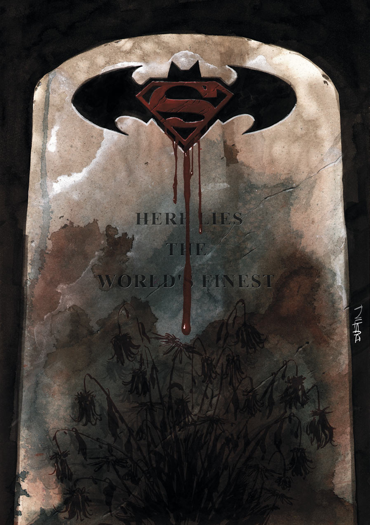 This image is the cover of Superman/Batman Vol 1 #65 (2009), showcasing an illustration of Batman and Superman's joint headstone. 